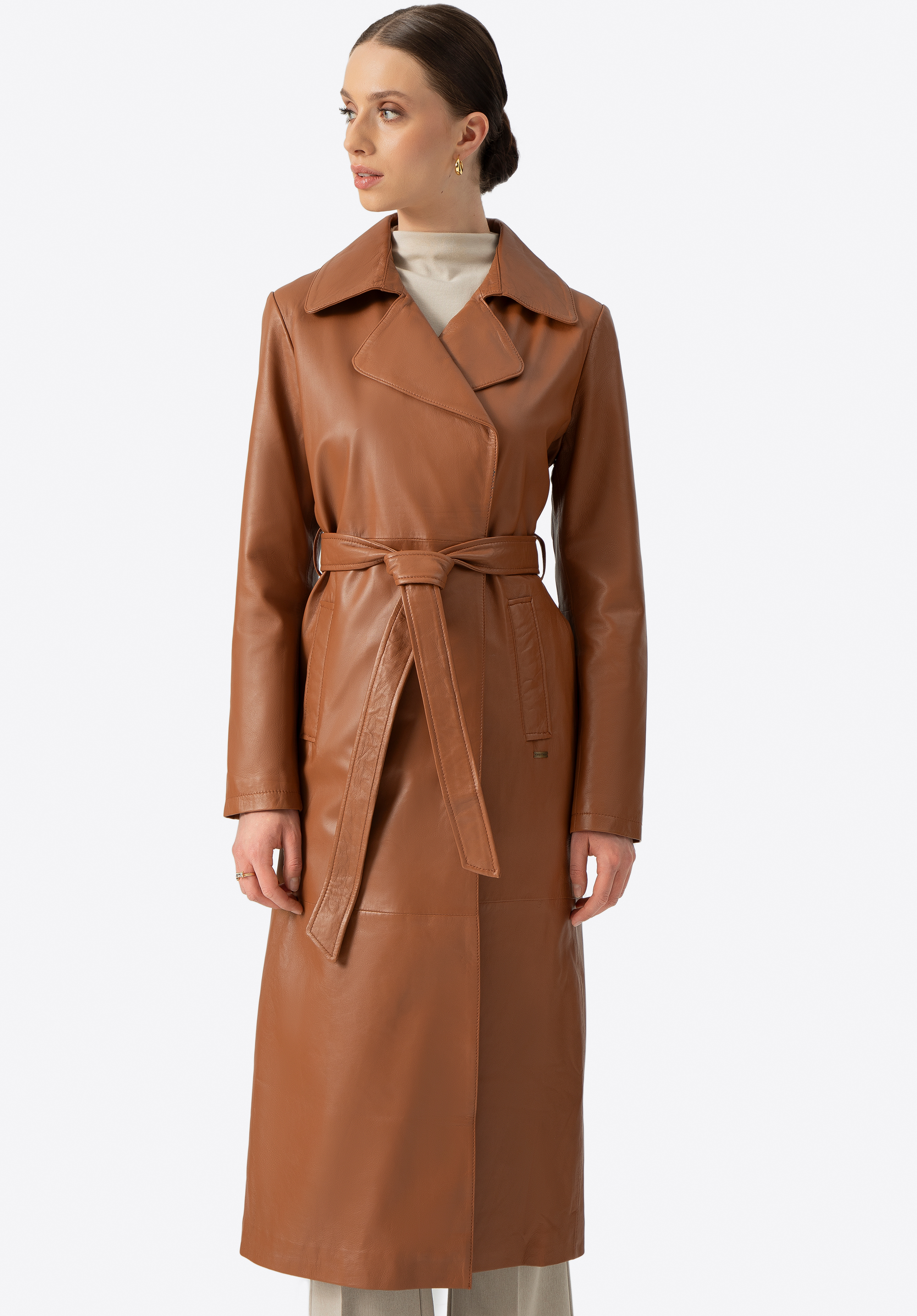 Жіноче шкіряне пальто з ременем, світло-коричневий, 100-09-811-4-XL, Фото 1