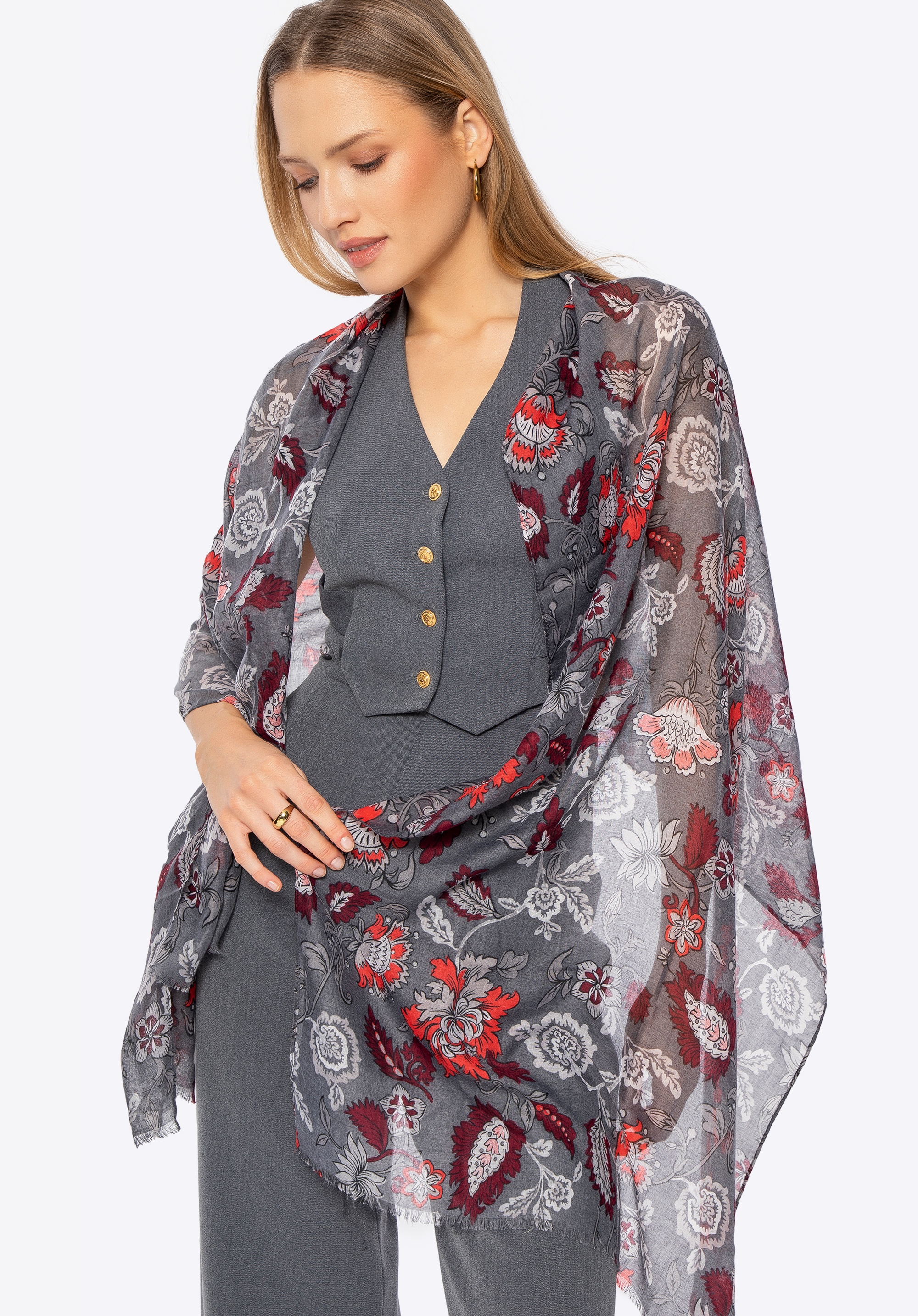 Жіночий шарф у квітковий візерунок, сіро-червоний, 100-7D-012-X8, Фото 1