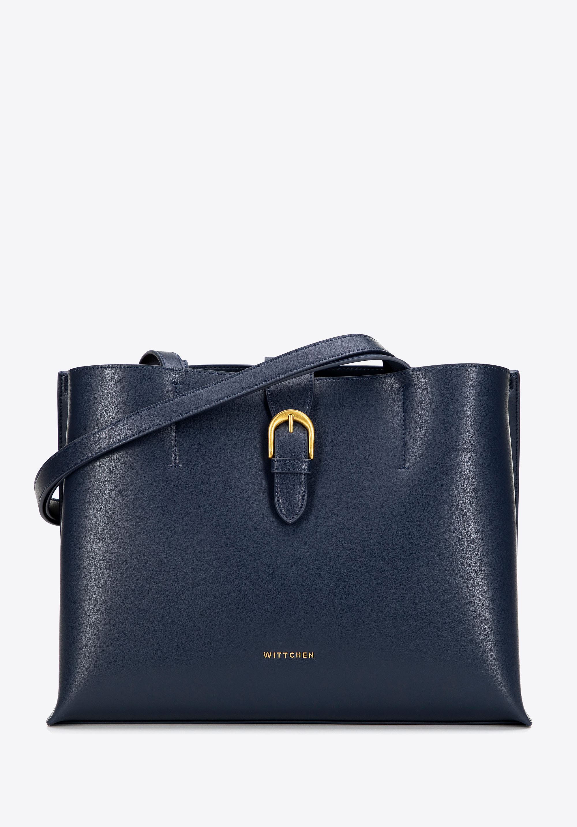 Шкіряна сумка-шопер з декоративною застібкою, темно-синій, 101-4E-600-7, Фото 1