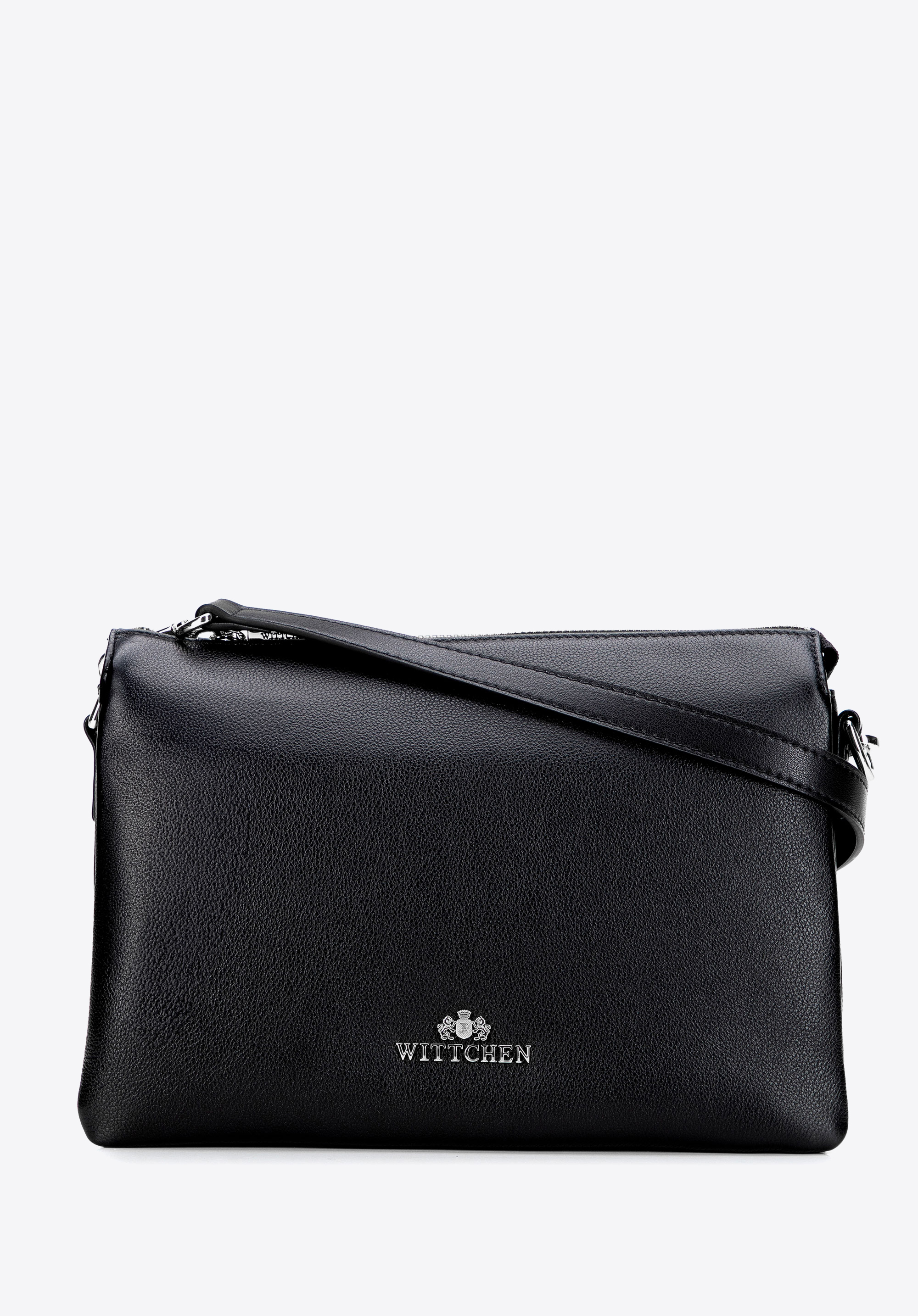 Шкіряна сумка через плече з трьома відділеннями, чорно-срібний, 101-4E-603-0, Фото 1