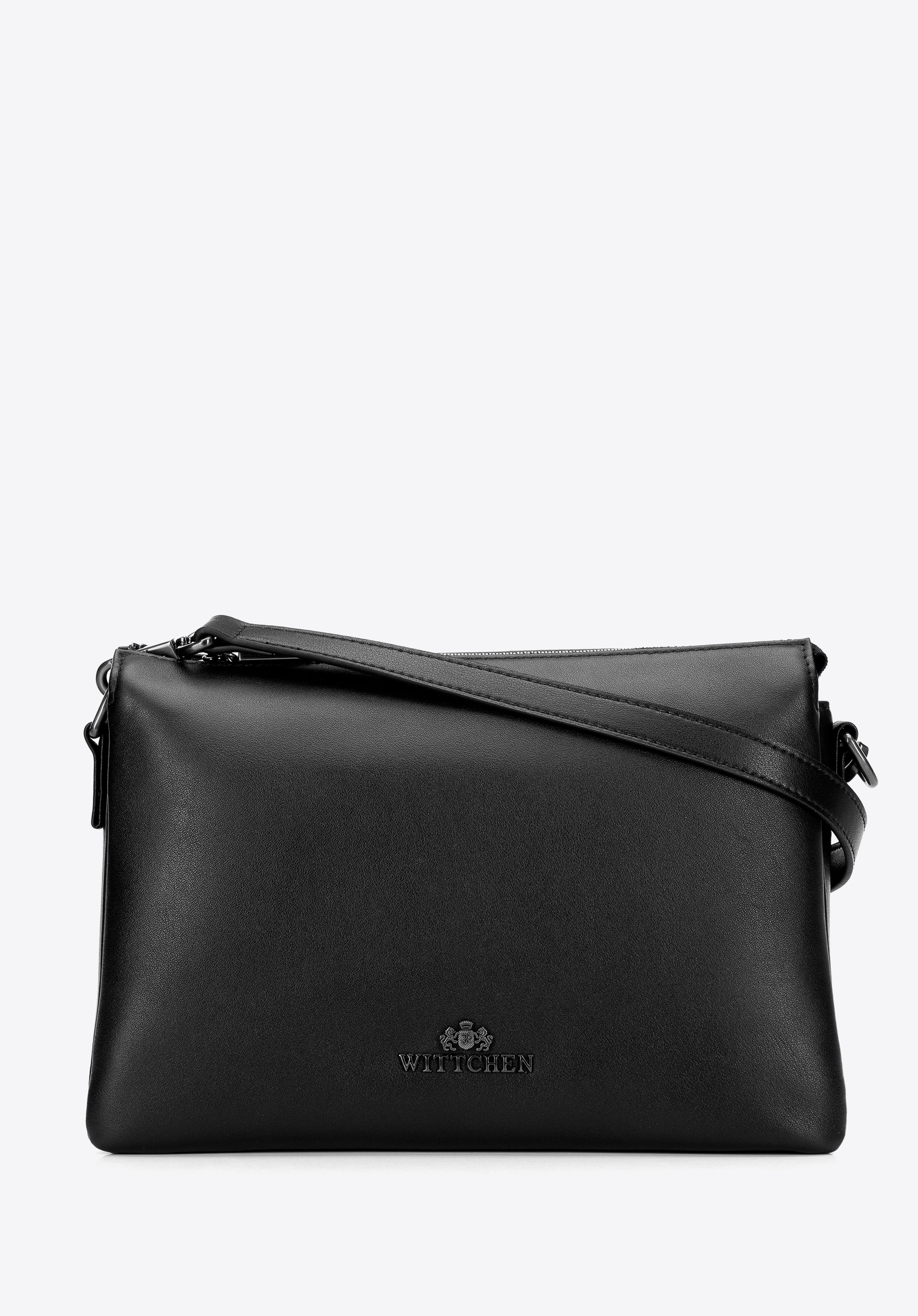 Сумка через плече з гладкої натуральної шкіри з трьома відділеннями, чорно-графітовий, 101-4E-604-1G, Фото 1