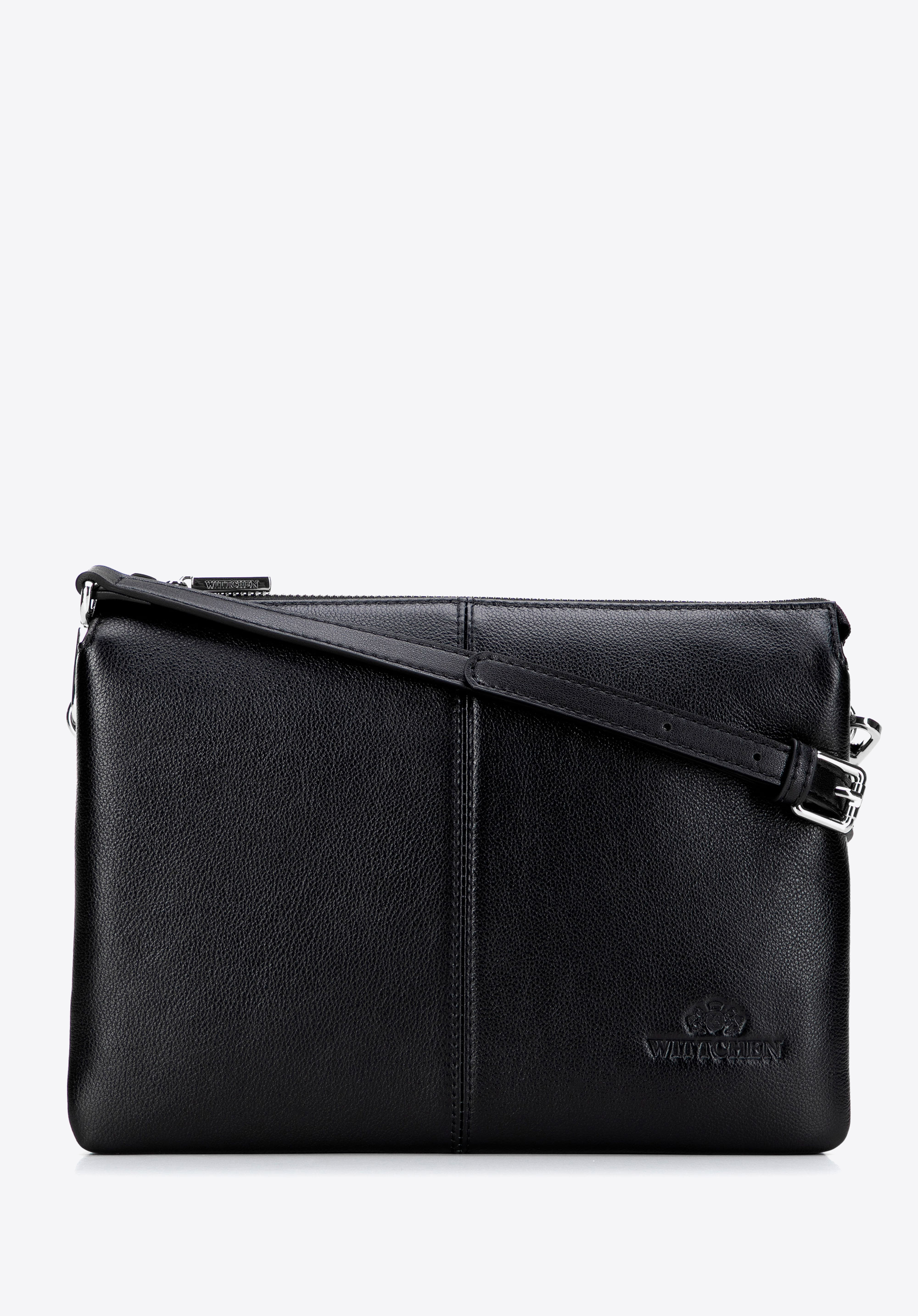 Класична шкіряна сумка через плече з прошиванням посередині, чорно-срібний, 101-4E-608-1G, Фото 1