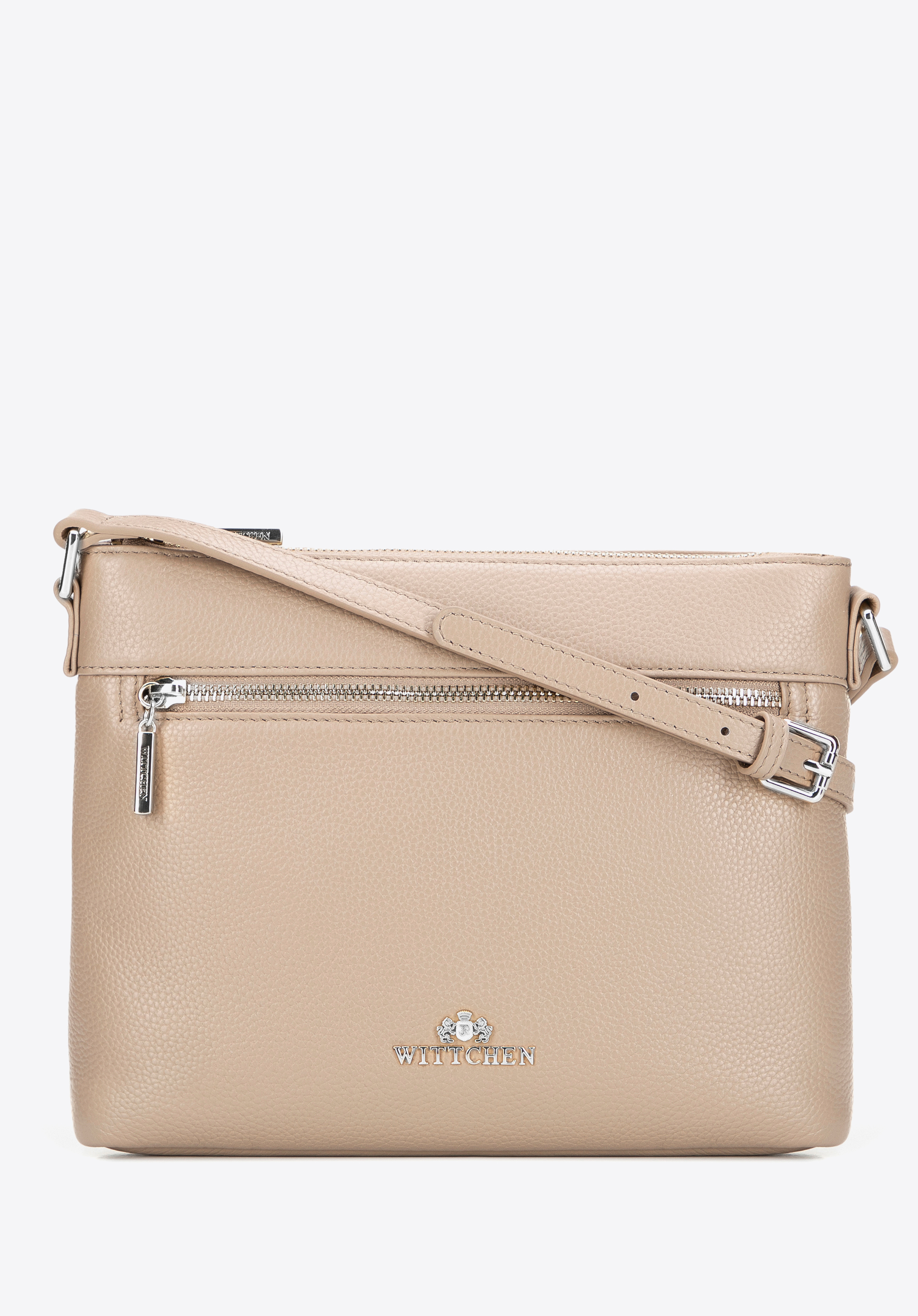 Шкіряна сумка через плече з регульованим ремінцем, бежево-сріблястий, 101-4E-609-9G, Фото 1