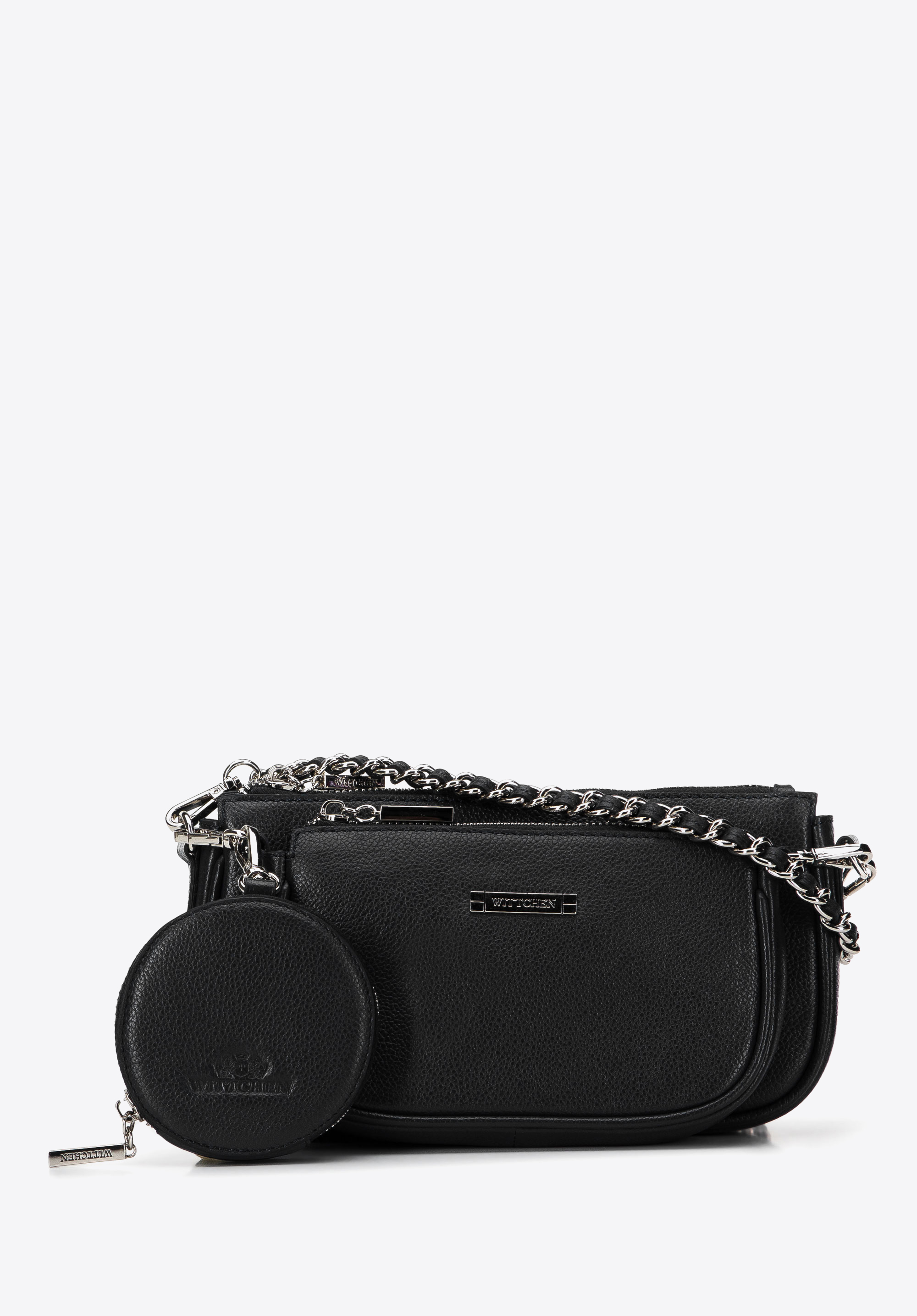 Жіноча подвійна шкіряна сумка на ланцюжку, чорно-срібний, 29-4E-011-12, Фото 1