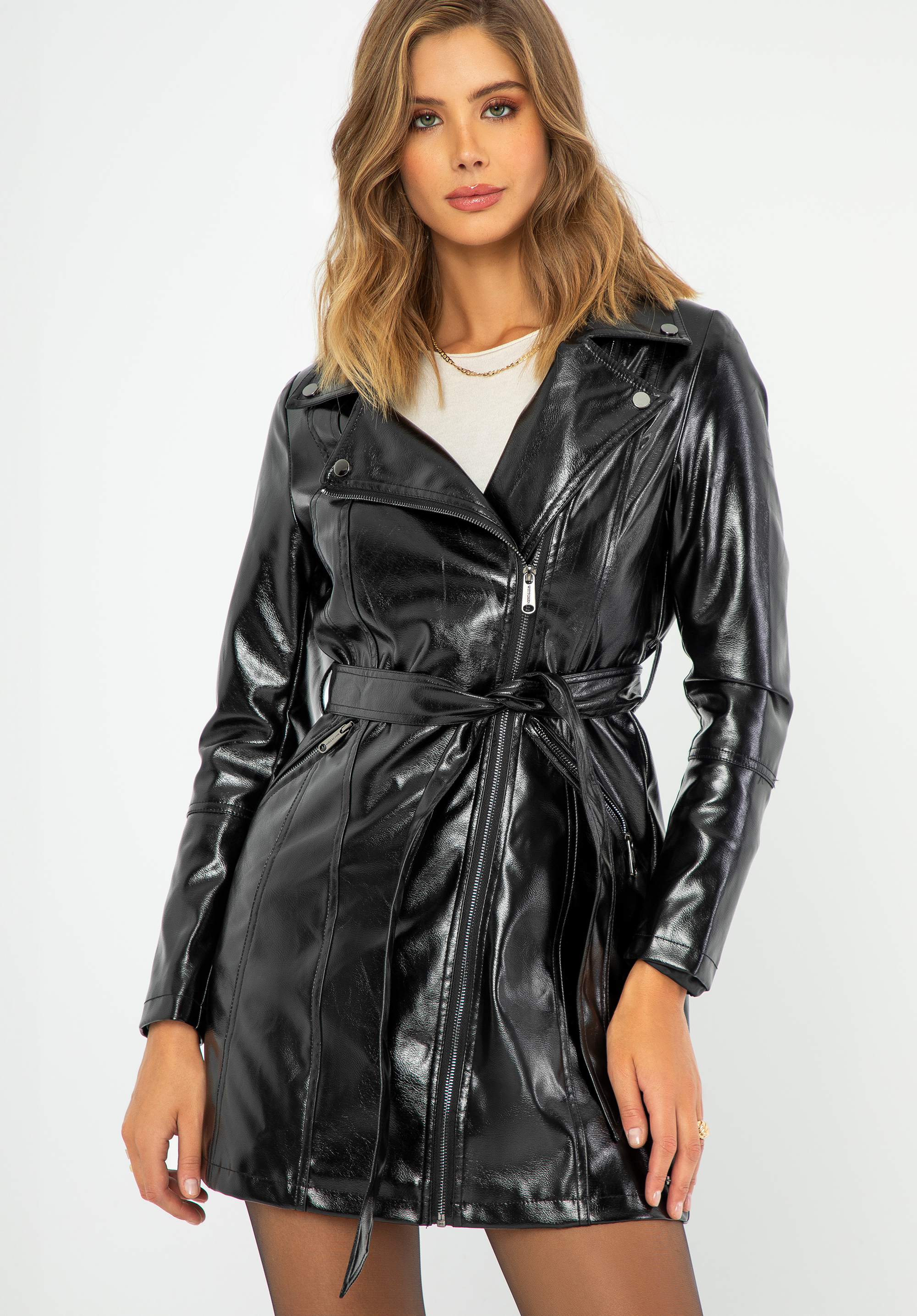 Жіноче пальто з екошкіри з поясом, чорно-графітовий, 99-9P-100-11-XL, Фото 1