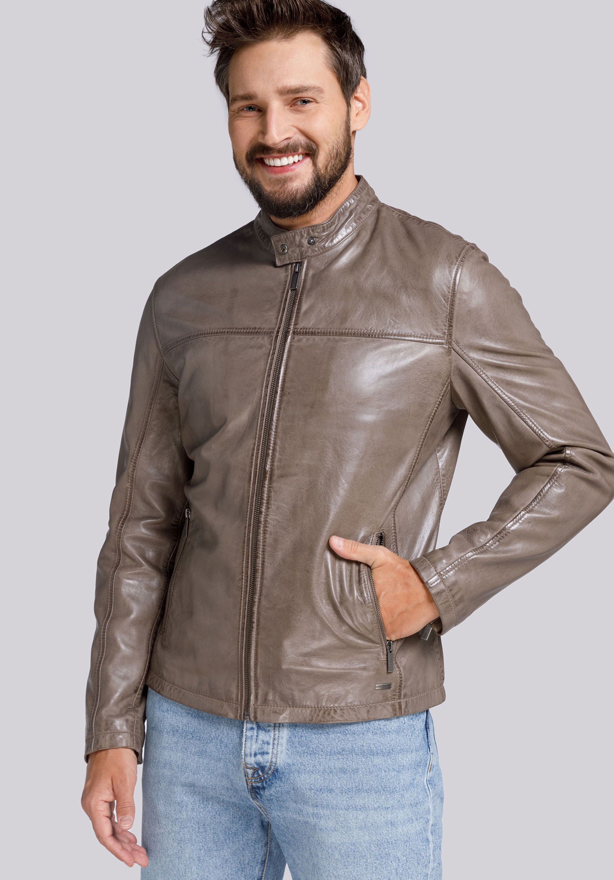 Проста чоловіча шкіряна куртка, сірий, 94-09-851-9-3XL, Фото 1