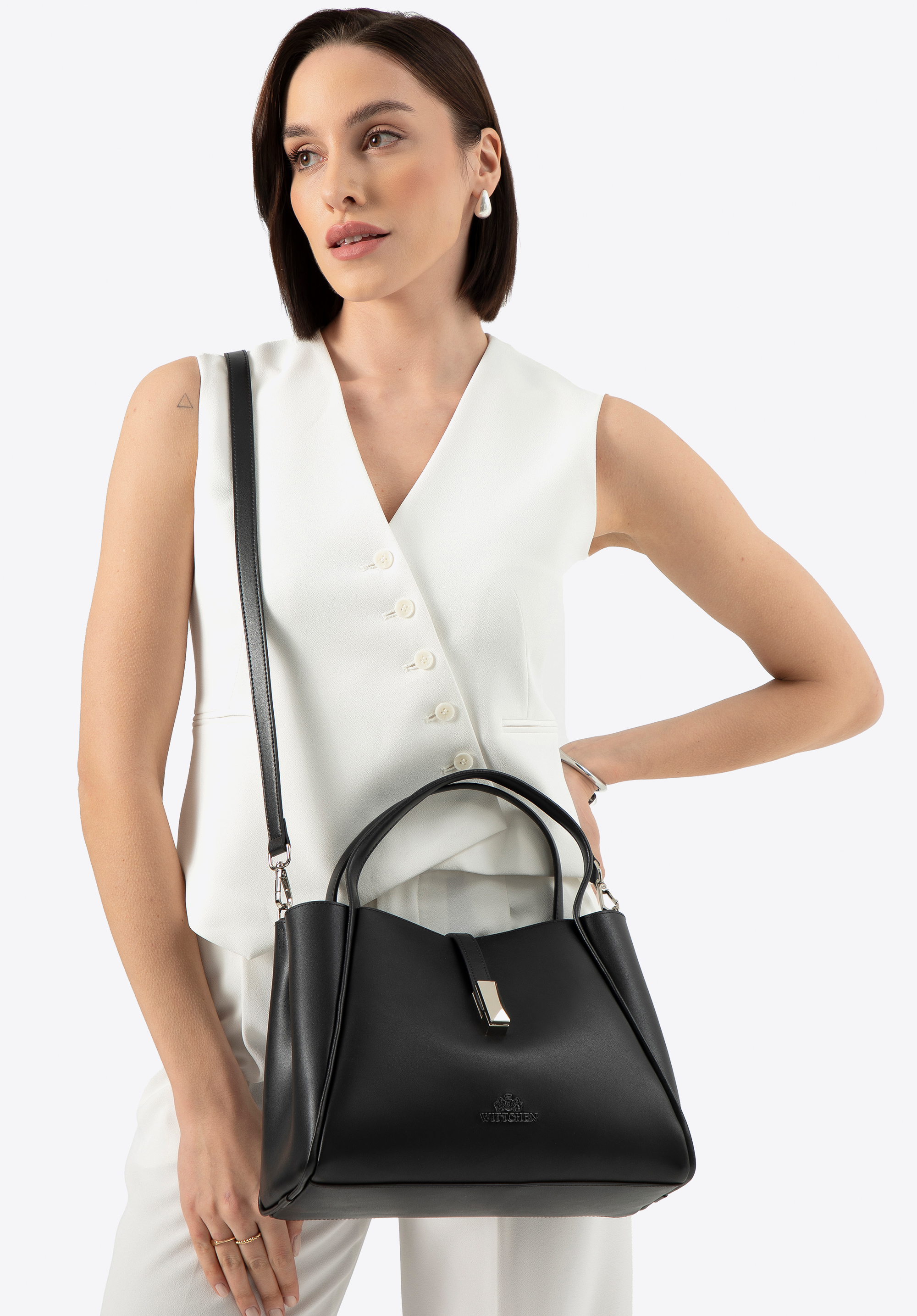 Шкіряна жіноча сумка зі знімною сумкою, чорно-срібний, 100-4E-202-1S, Фото 1