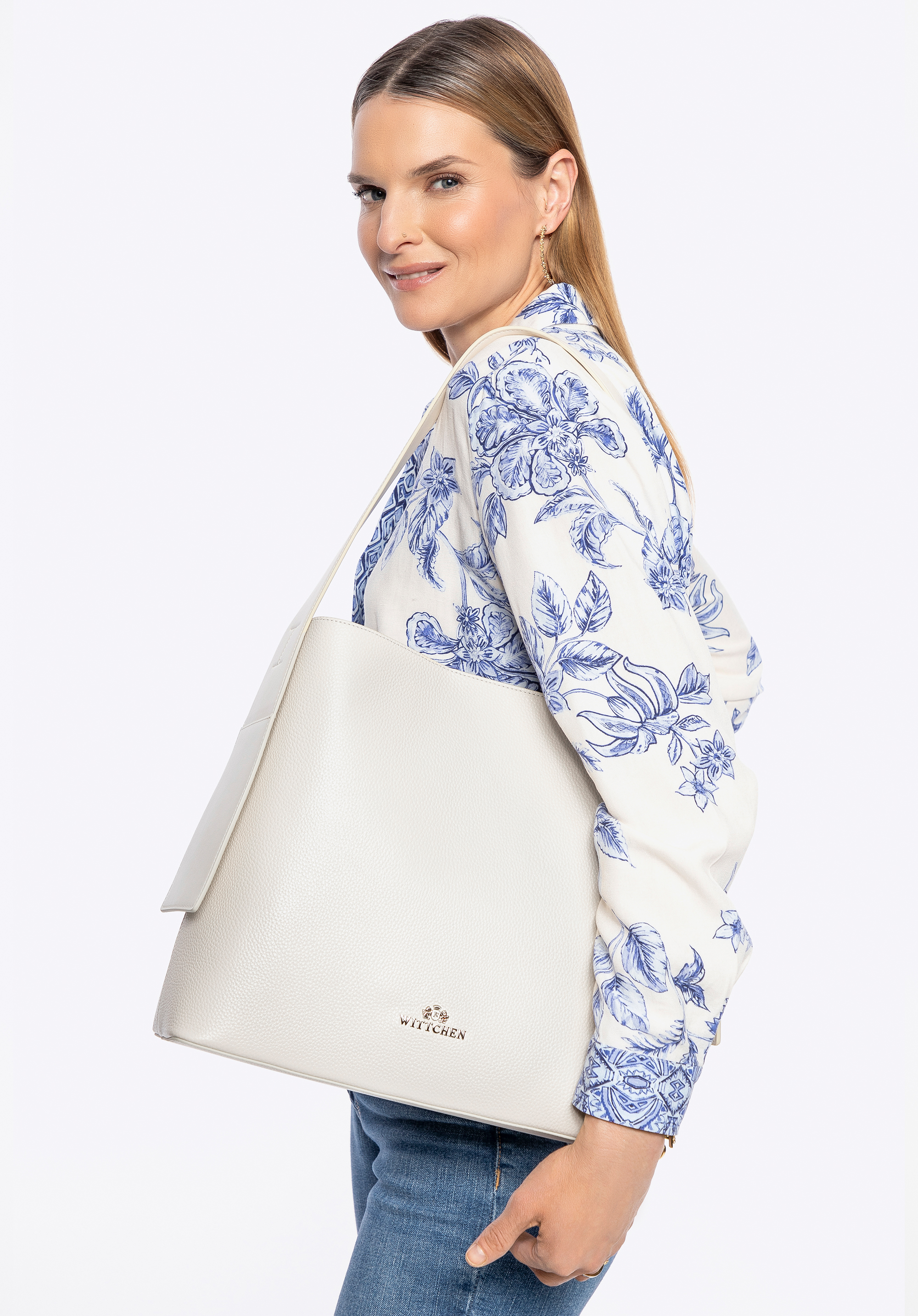 Шкіряна сумка-шоппер з додатковими кишенями, нечисто білий, 100-4E-203-0, Фото 1