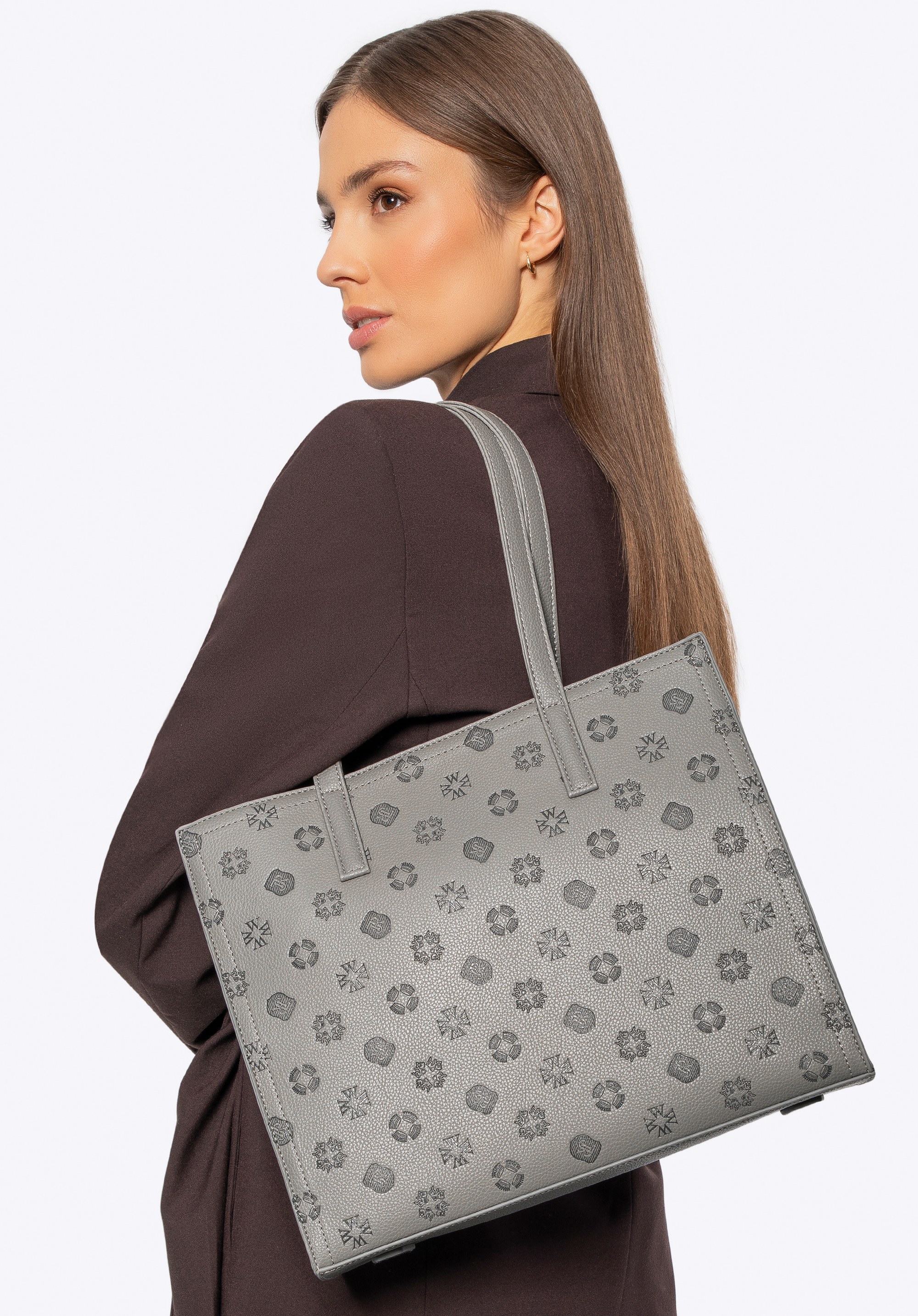 Жіноча сумка-шопер з екошкіри з тисненою монограмою, сірий, 101-4Y-P04-8, Фото 1