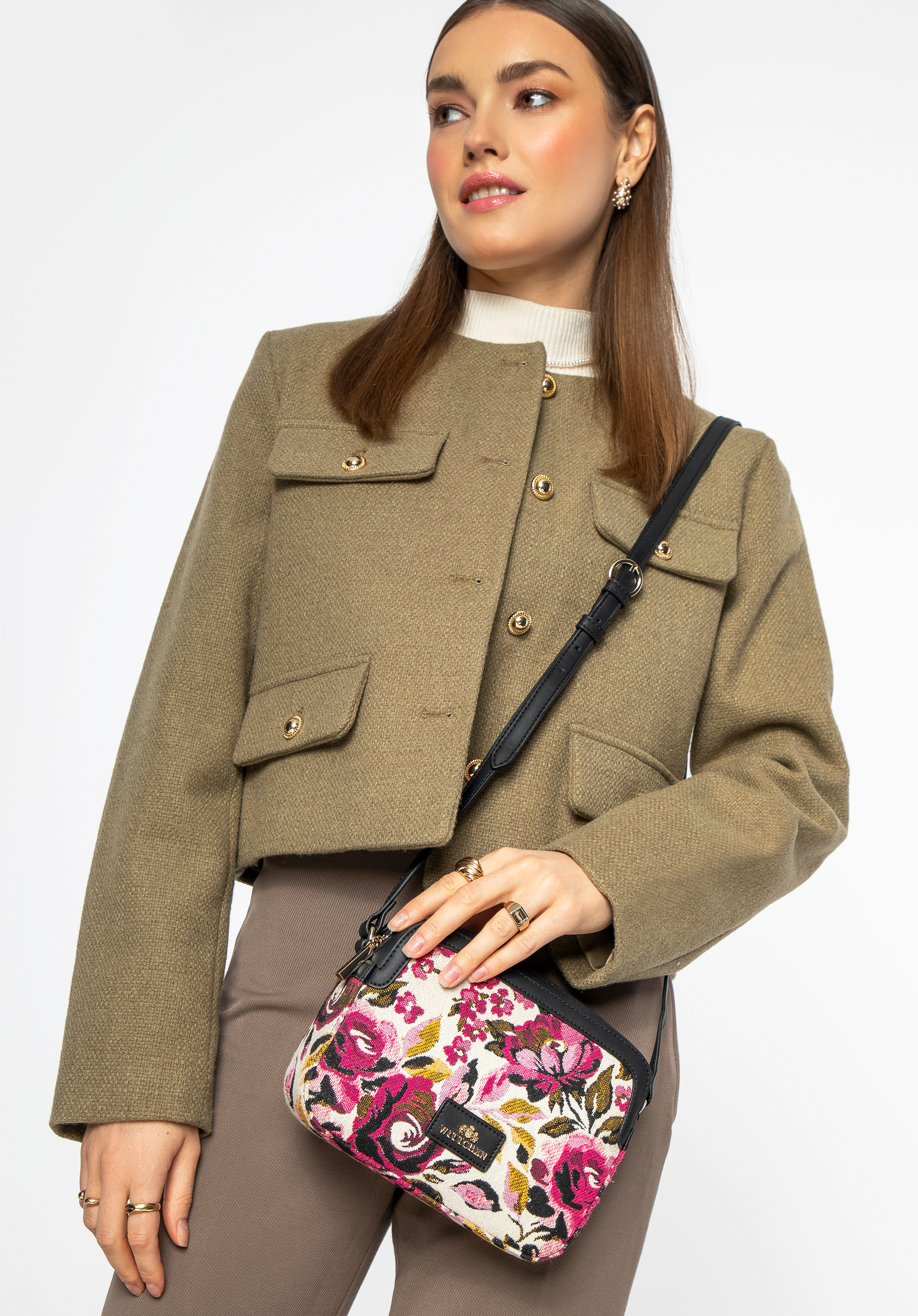 Geantă de mână pentru femei din jacquard și piele ecologică, alb - roz, 99-4E-503-11, Fotografie 1