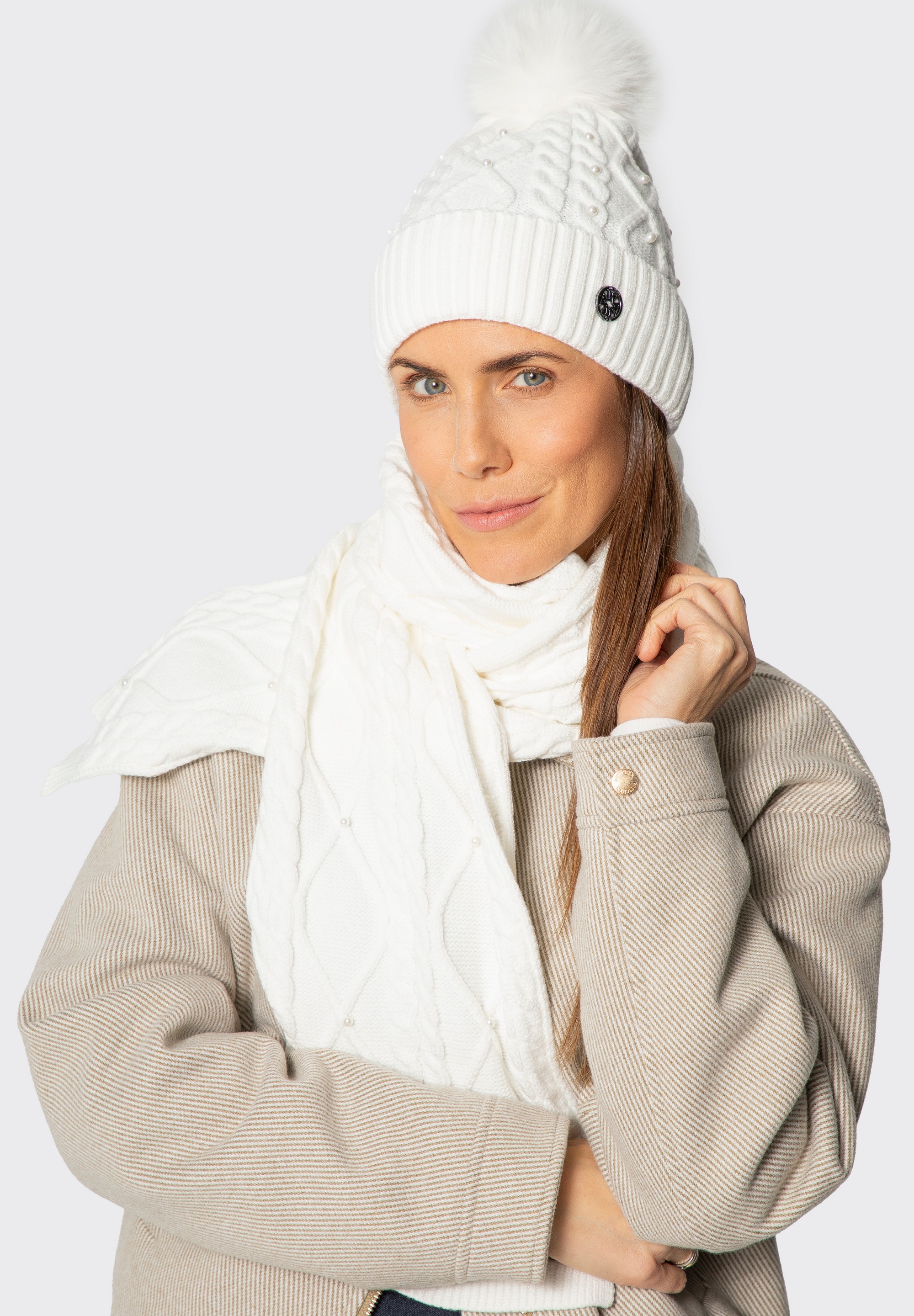 Set de iarnă pentru femei, decorat cu perle, alb, 101-SF-023-0, Fotografie 1