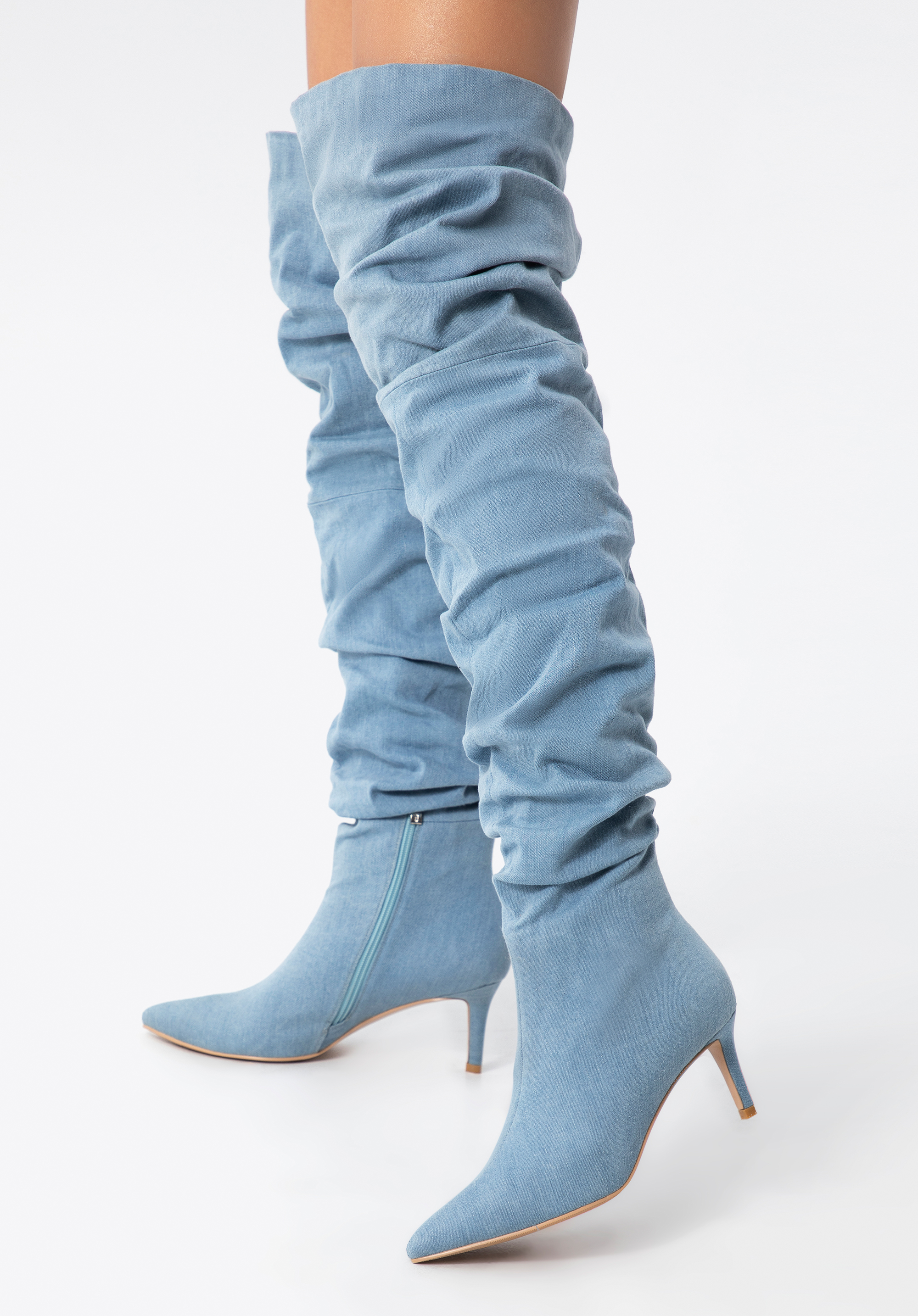 Cizme din denim până la genunchi pentru femei cu tocuri, albastru deschis, 97-D-524-7-41, Fotografie 1