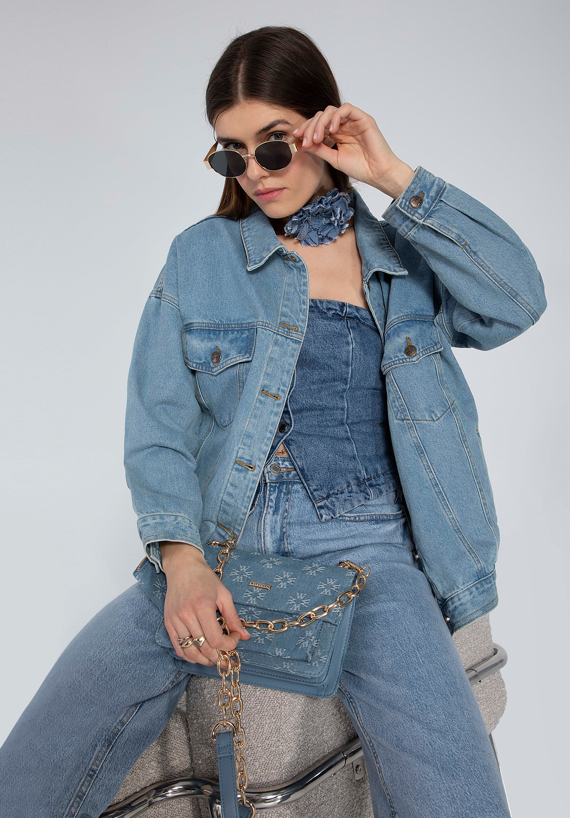 Geantă messenger damă monogram din denim, mică, albastru, 97-4Y-211-7, Fotografie 1