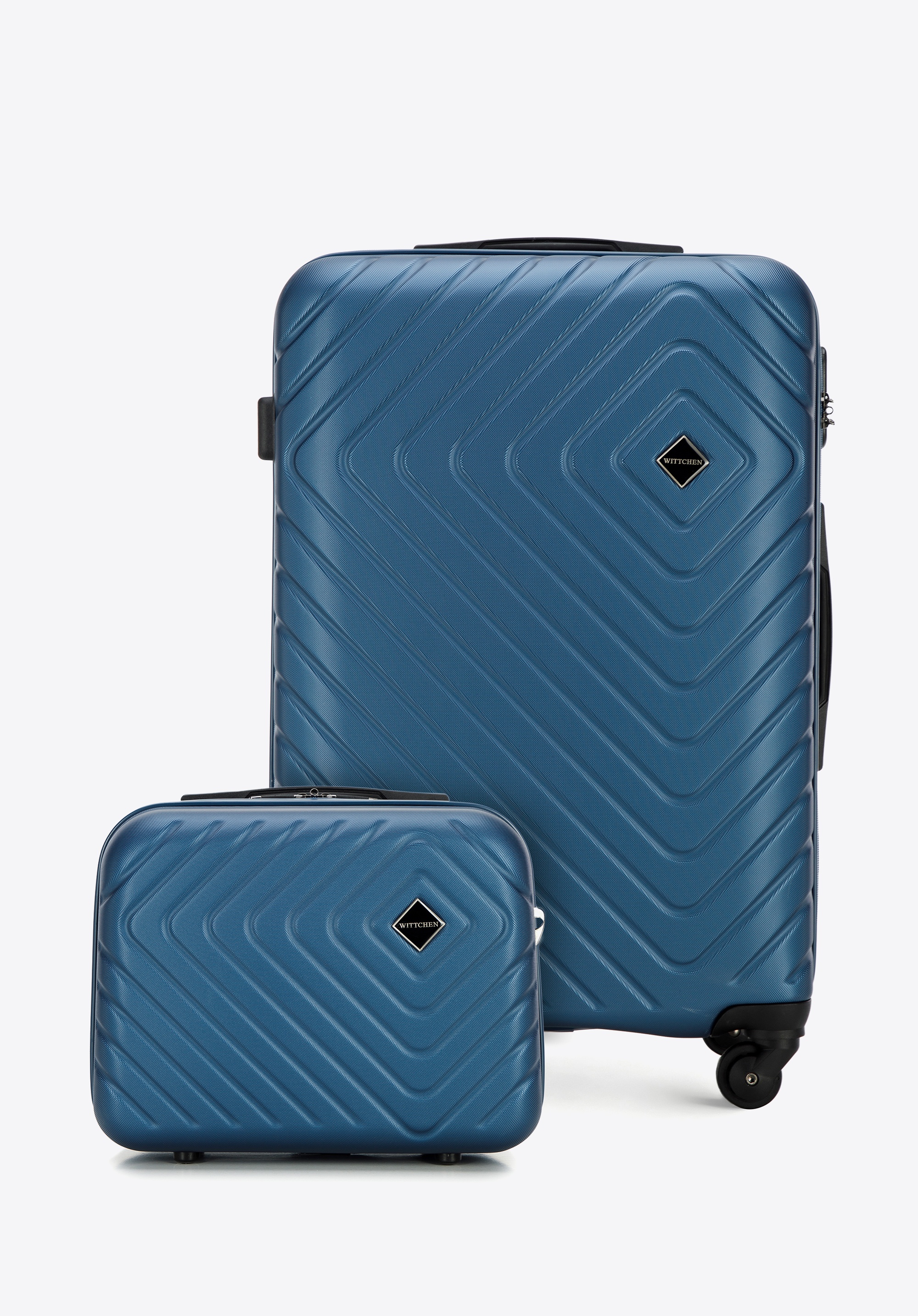 Valiză medie și trusă cosmetică din ABS cu relief geometric, albastru inchis, 56-3A-752-91K, Fotografie 1