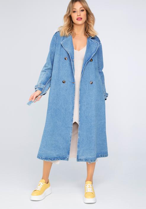 Palton de damă din denim cu curea, albastru, 98-9X-901-1-M, Fotografie 2