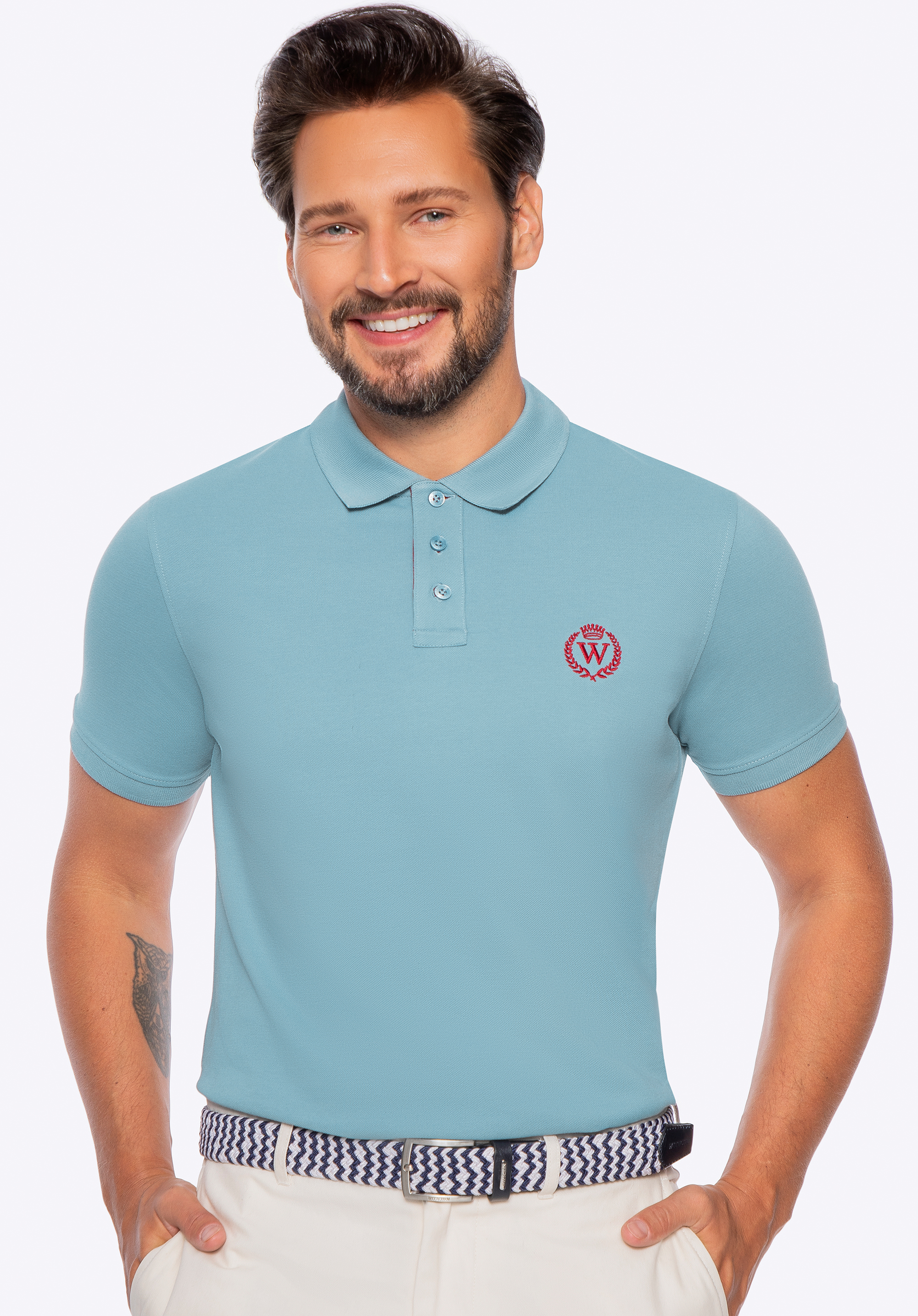 Tricou polo bărbătesc din bumbac cu logo colorat, albastru, M0-99-101-7-XL, Fotografie 1