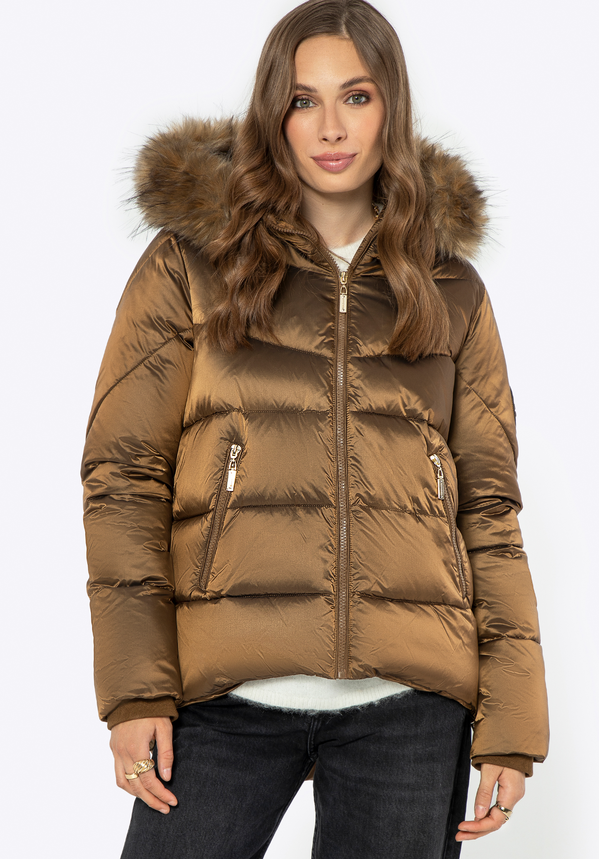 Jachetă de puf de damă cu manșete elastice, auriu, 99-9D-403-G-XL, Fotografie 1