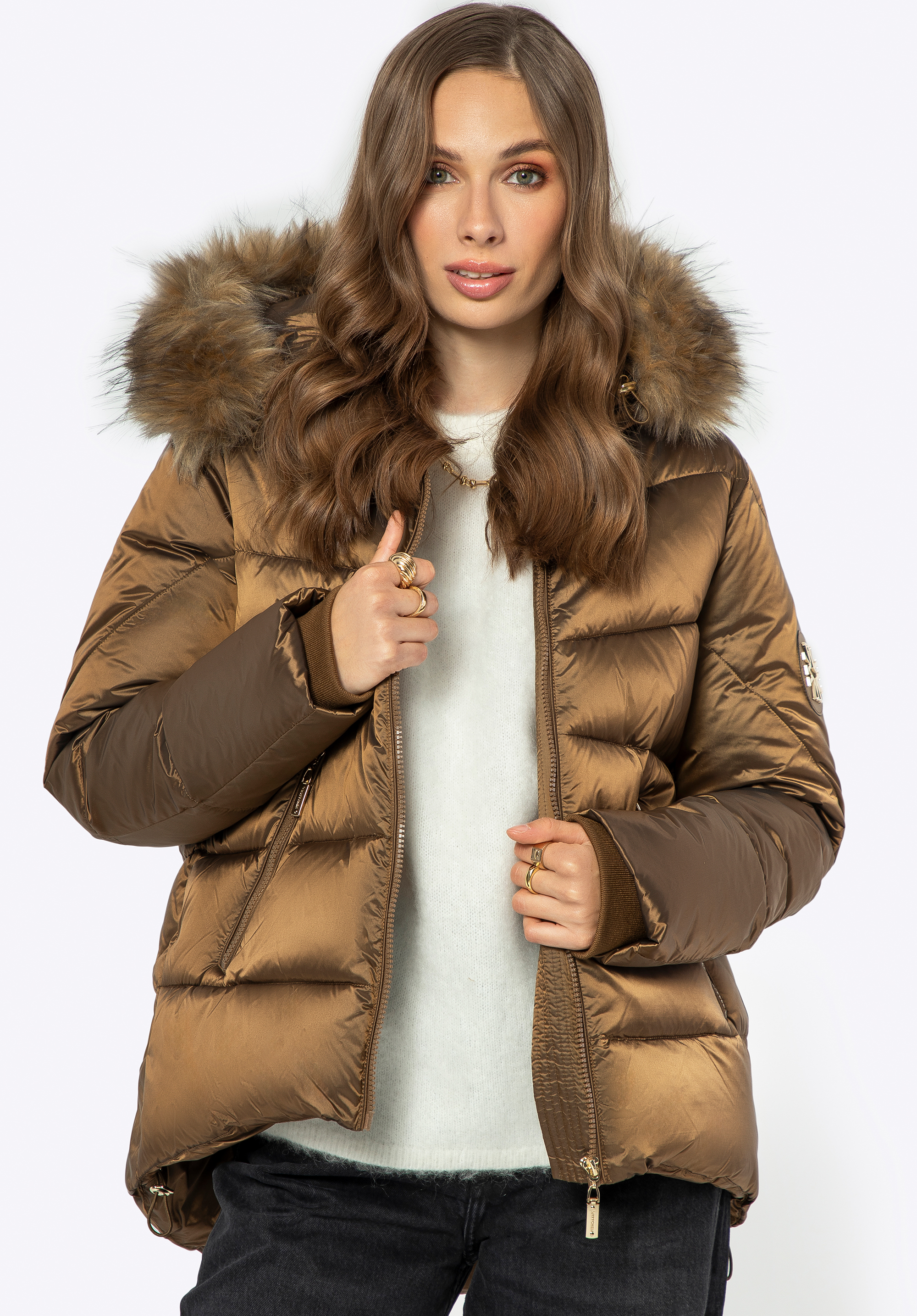 Jachetă de puf de damă cu manșete elastice, auriu, 99-9D-403-G-XL, Fotografie 1