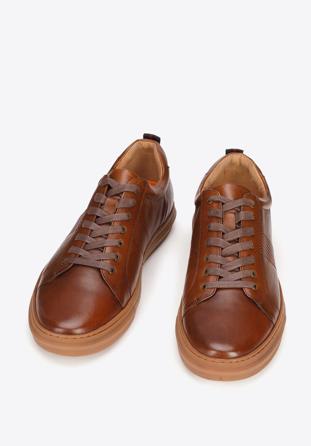 Férfi bőr tornacipő, oldalán fonat mintával, barna, 93-M-503-4-41, Fénykép 1