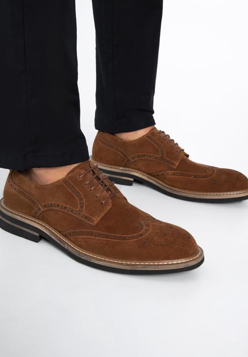 Férfi velúrbőr cipő kontrasztos szálakkal, barna, 96-M-703-N-44, Fénykép 15