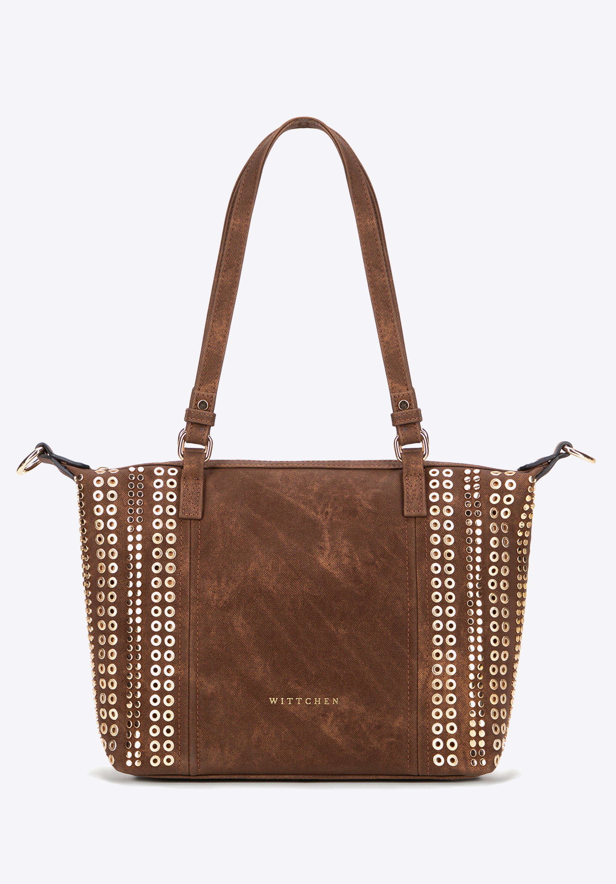 Női shopper táska díszes szegecsekkel, barna, 101-4Y-712-4, Fénykép 1