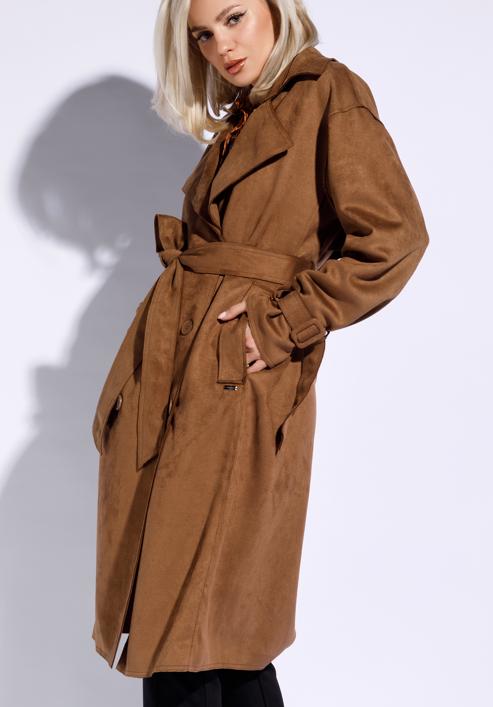 Női  kabát kétsoros varrással, barna, 96-9P-107-1-XL, Fénykép 4