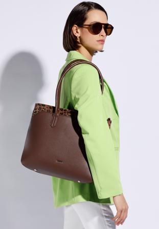 Női ökobőr shopper táska párducmintás részlettel, barna, 95-2Y-531-4, Fénykép 1
