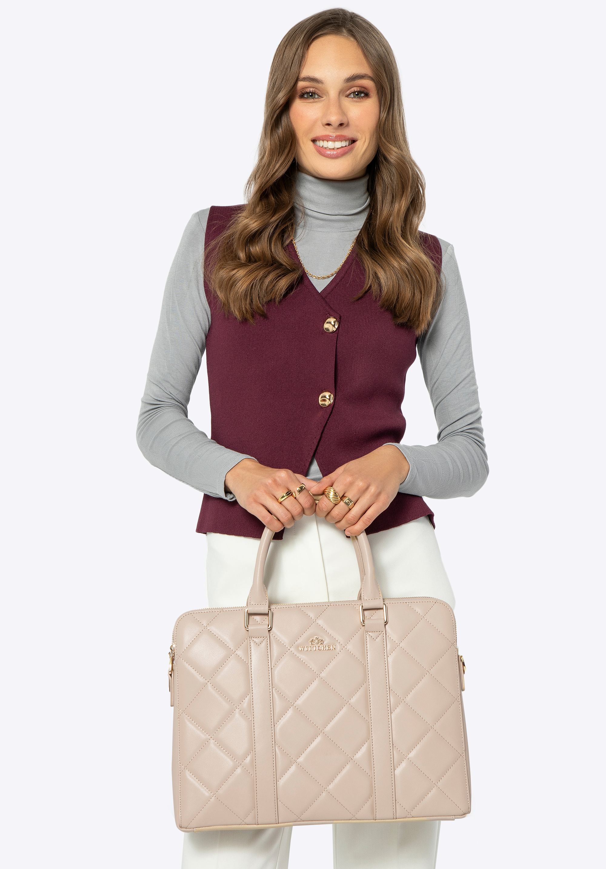 15,6-Zoll-Laptoptasche aus gestepptem Leder für Damen, beige, 99-4E-608-9, Bild 1