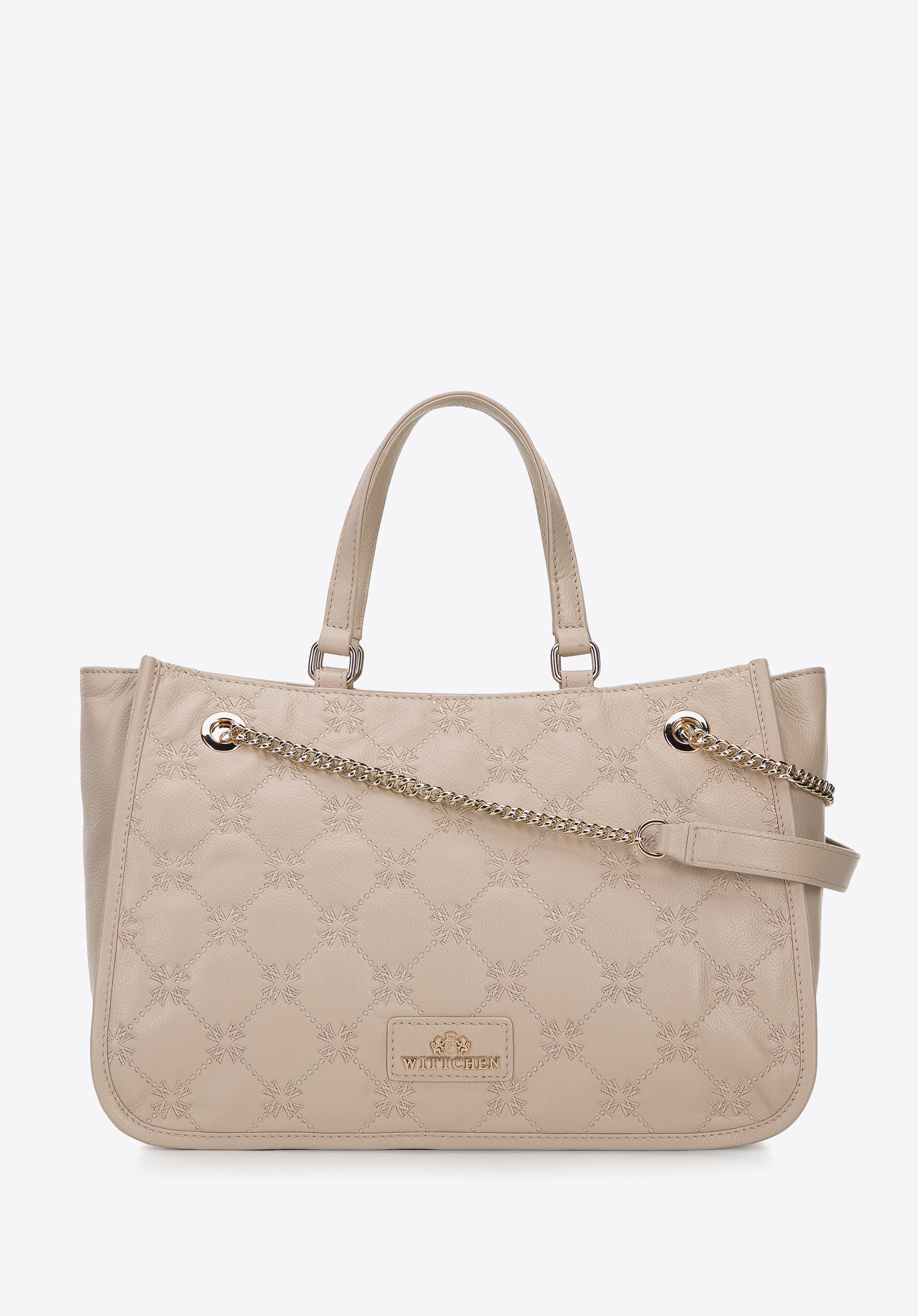 Damentasche aus Leder mit gesticktem Monogramm, beige, 96-4E-017-9, Bild 1
