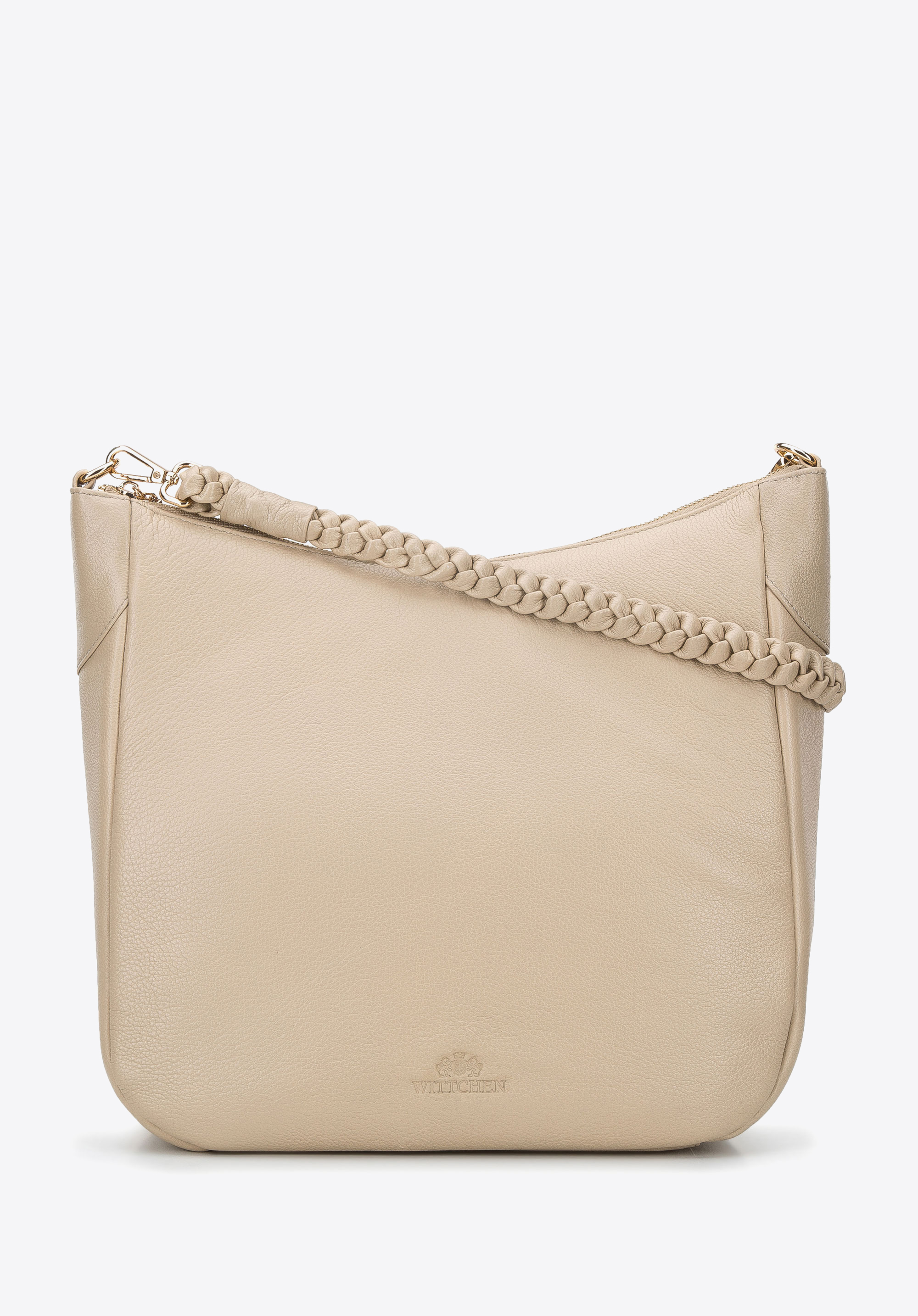 Beuteltasche aus Echtleder mit geflochtenem Riemen, beige, 94-4E-905-9, Bild 1