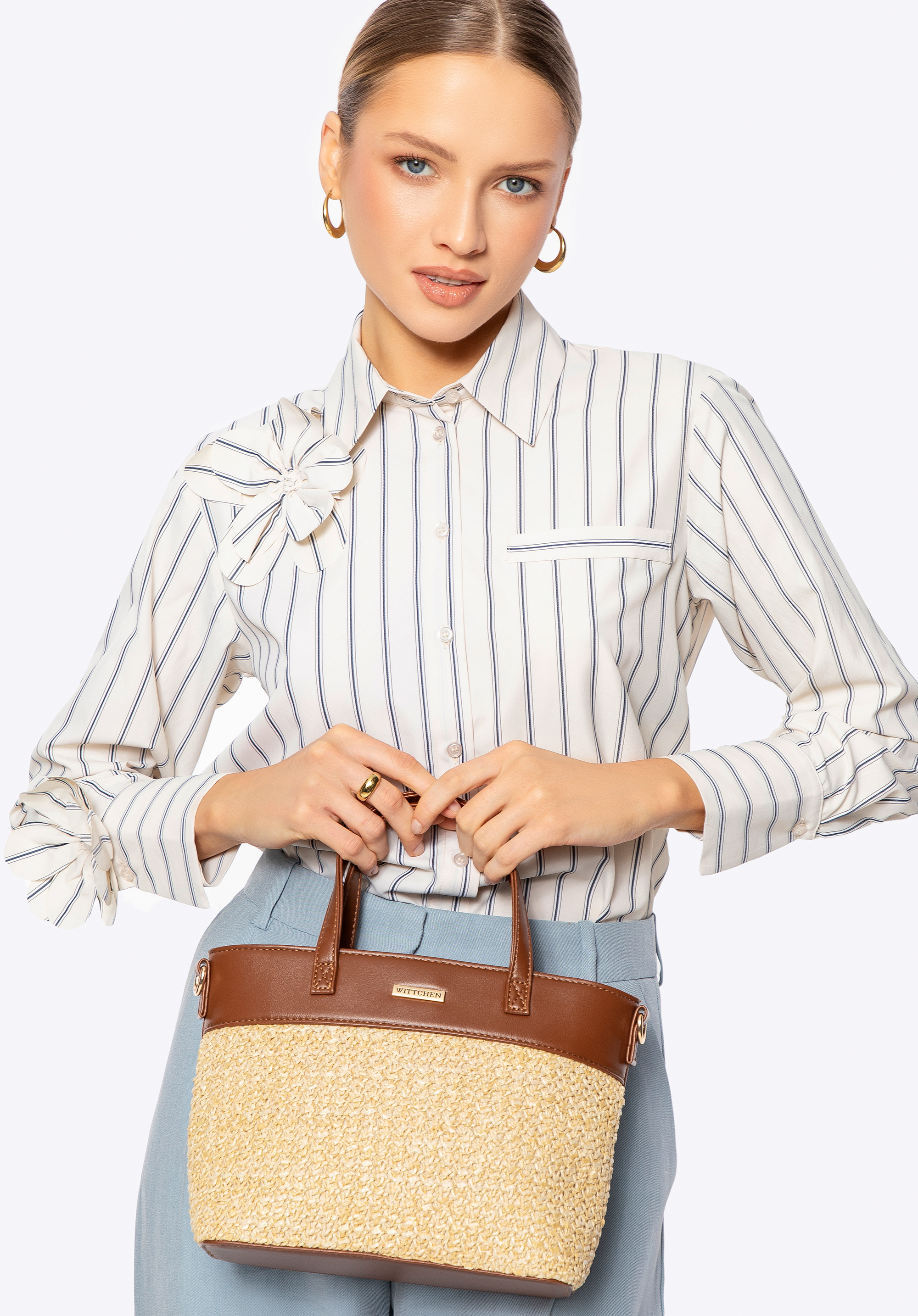 Damenhandtasche aus Karo und Öko-Leder, beige-braun, 100-4Y-412-95, Bild 1