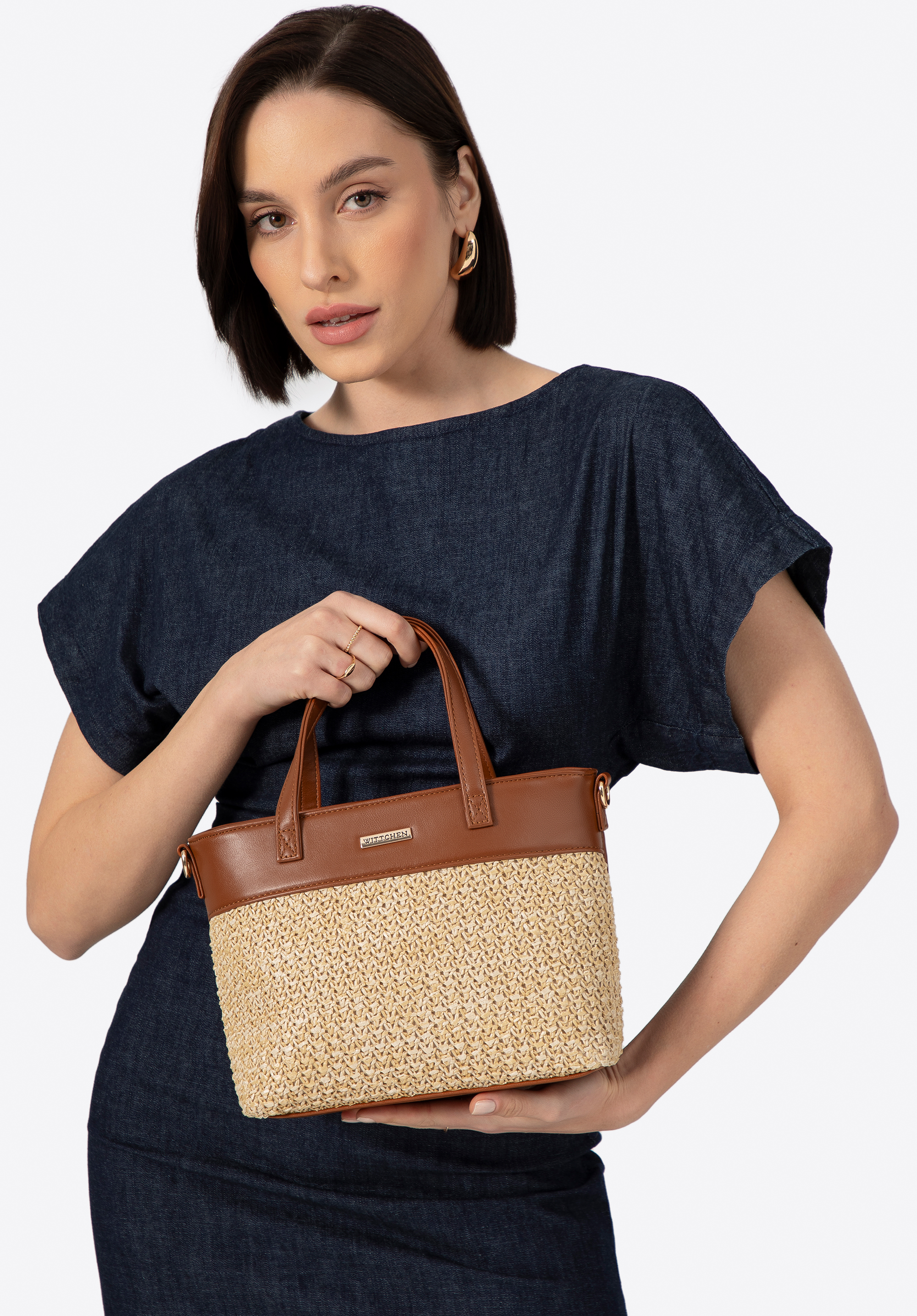 Damenhandtasche aus Karo und Öko-Leder beige-braun
