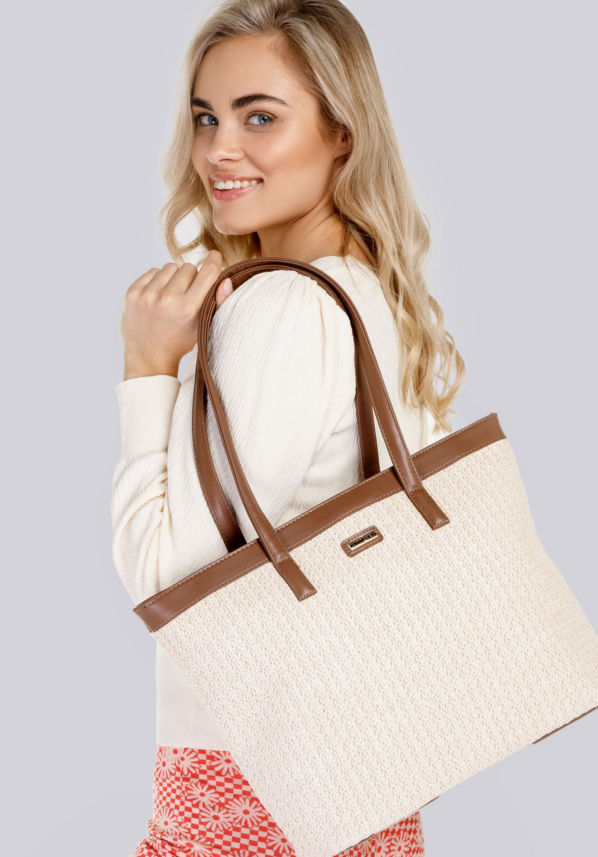 Große, gewebte Shopper-Tasche, beige-braun, 94-4Y-500-5, Bild 1