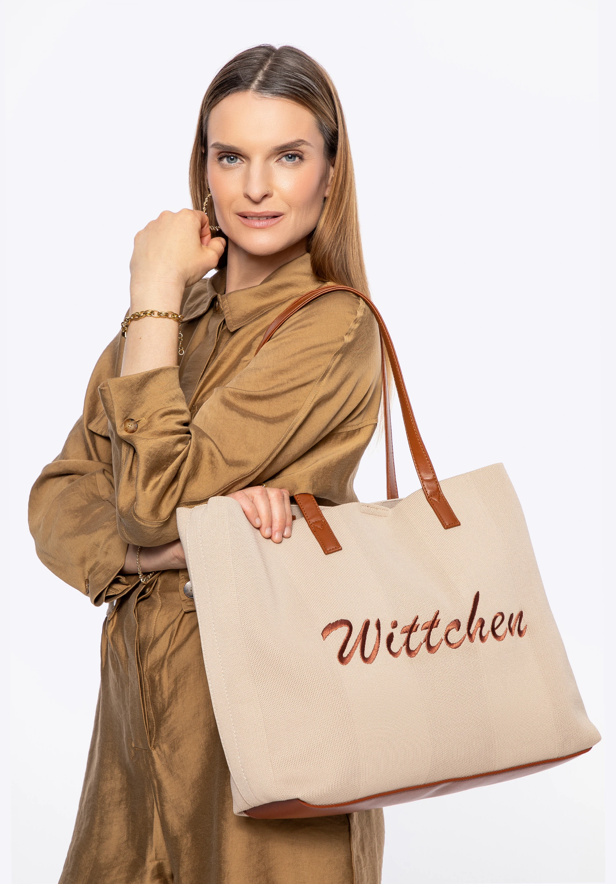 Große Shopper-Tasche mit Henkeln aus Kunstleder, beige-braun, 100-4Y-401-9, Bild 1
