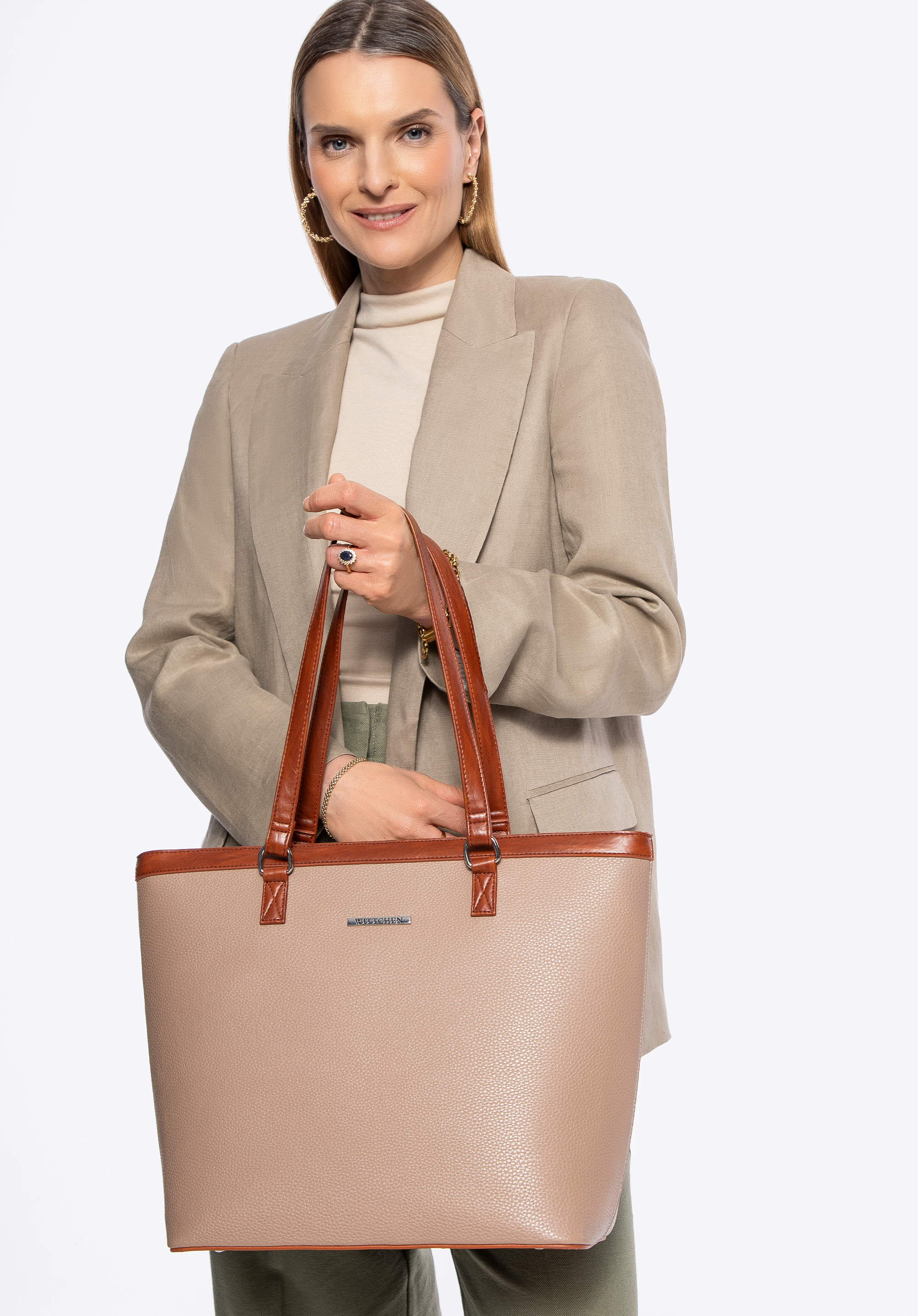 Shopper aus Öko Leder für Damen, beige-braun, 100-4Y-006-9G, Bild 1
