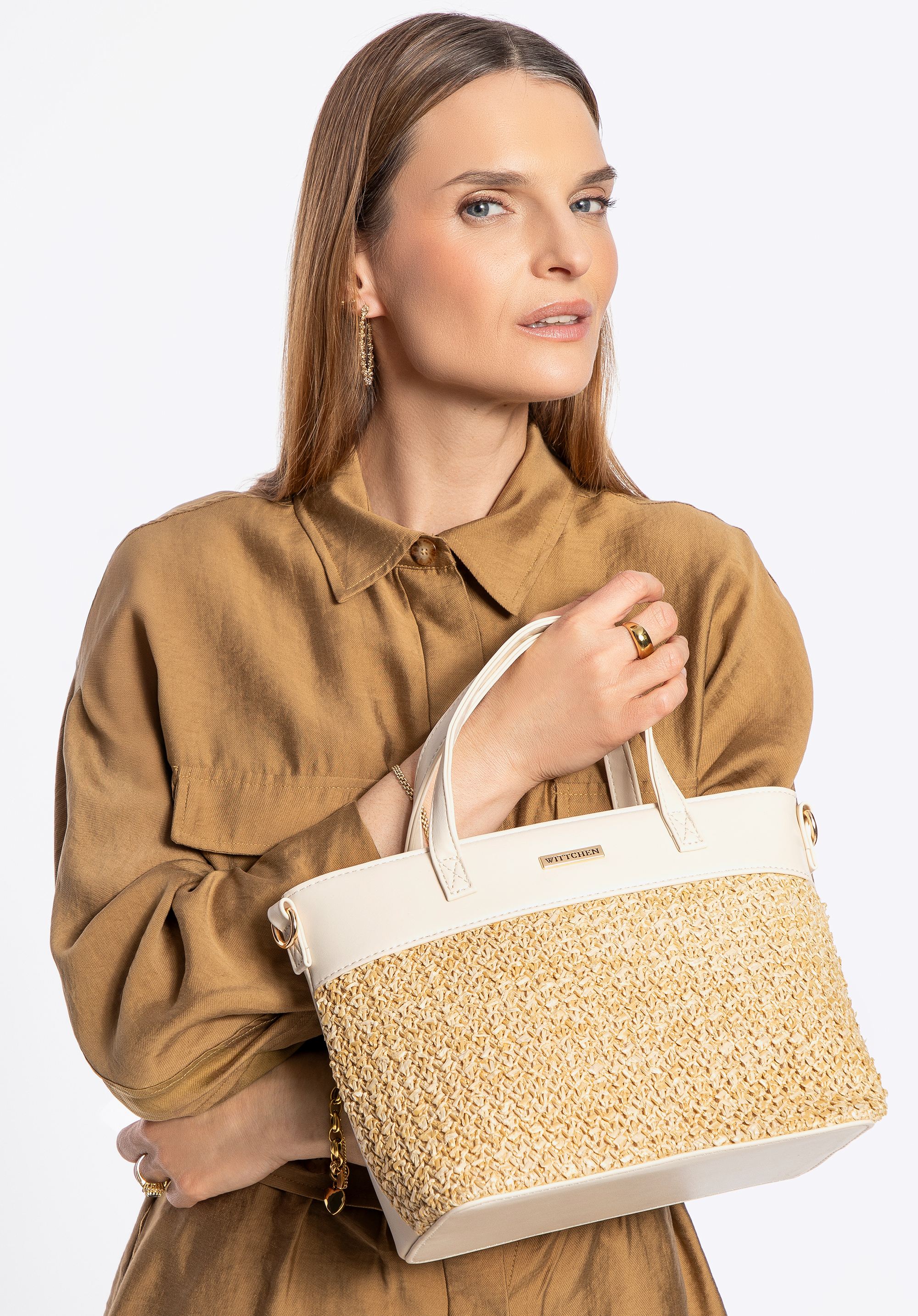 Damenhandtasche aus Karo und Öko-Leder, Beige-Creme, 100-4Y-412-91, Bild 1