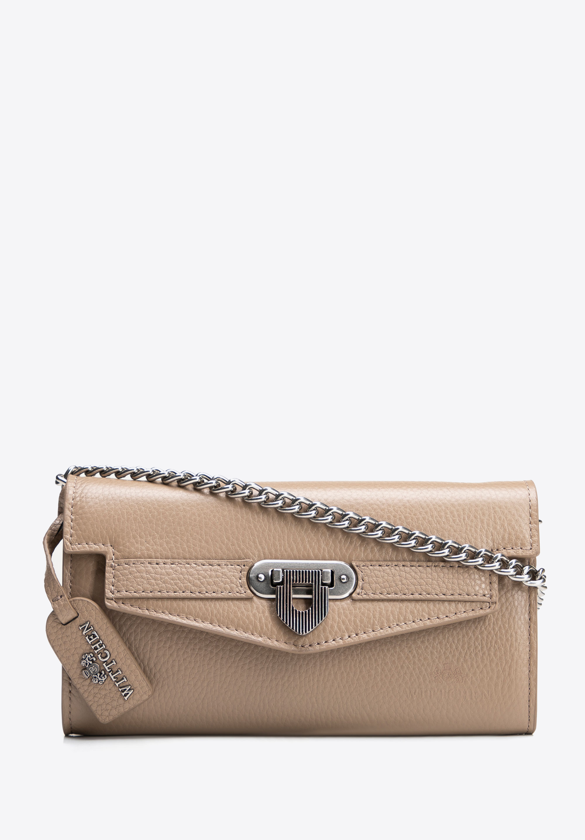 Damen-Clutch aus Leder mit Kettenschulterriemen, beige, 101-4E-217-9, Bild 1
