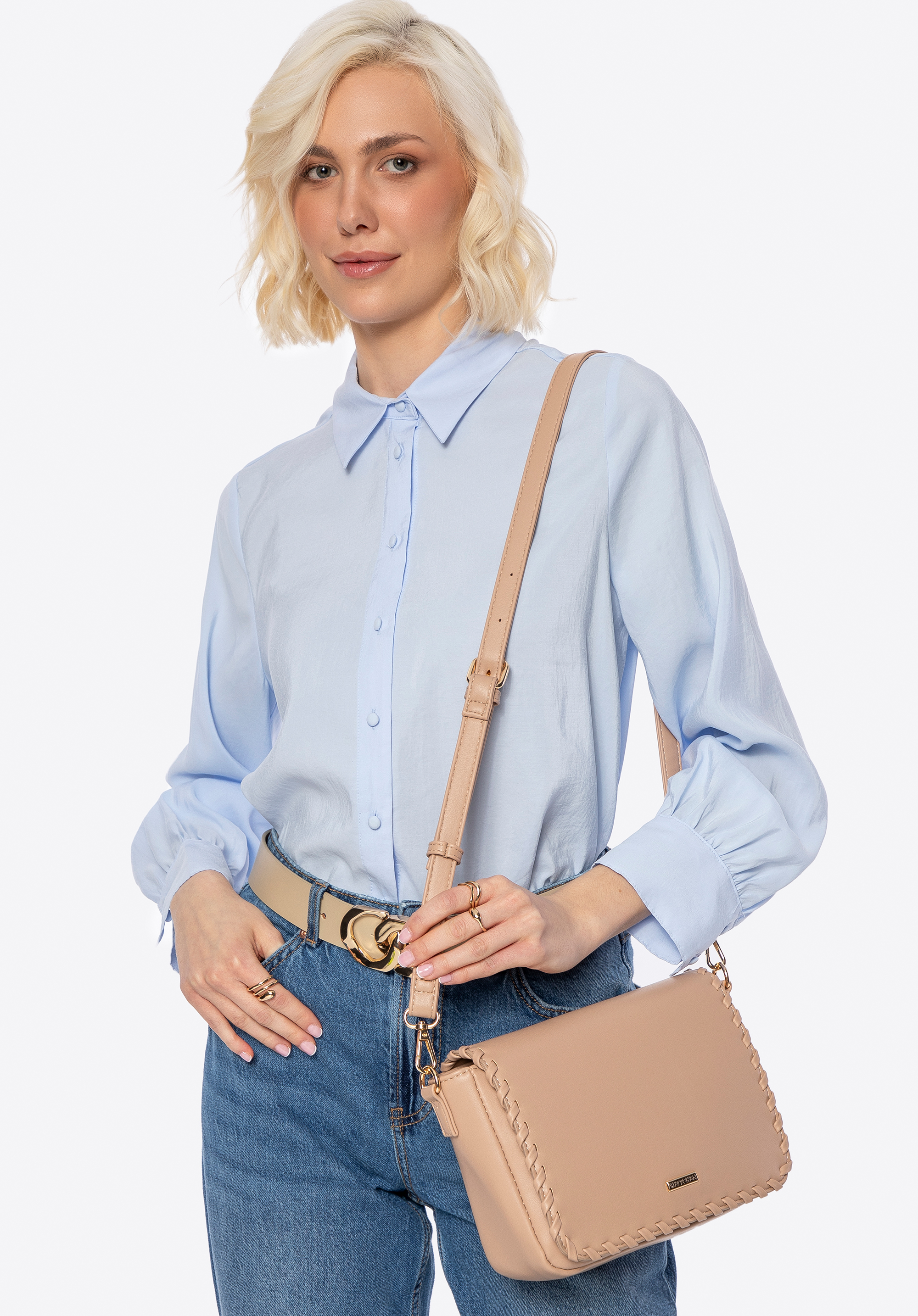Damen-Crossbody mit beschnittener Klappe, beige, 100-4Y-235-9, Bild 1
