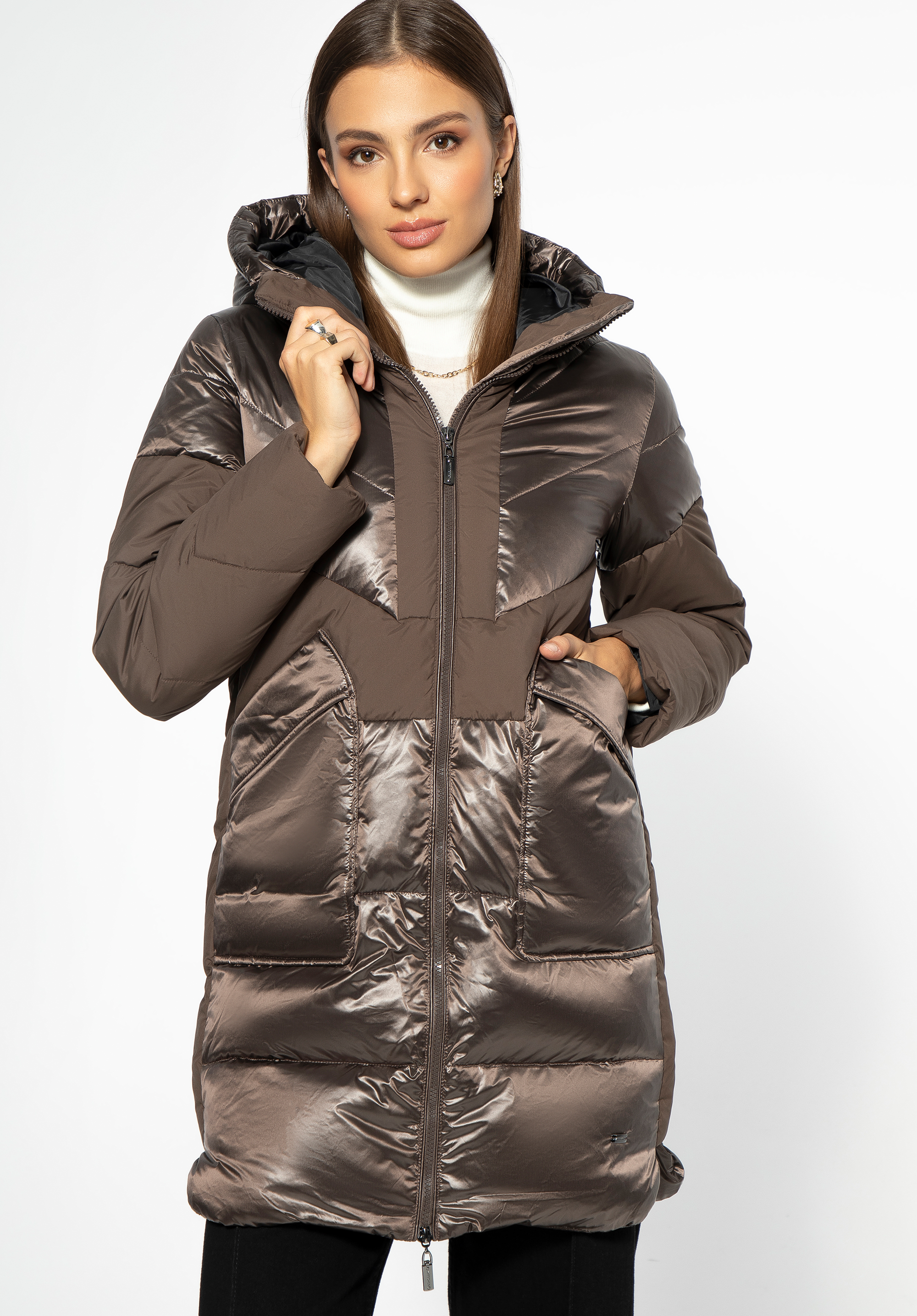 Damen-Daunenmantel mit Kapuze, beige, 97-9D-405-9-M, Bild 1