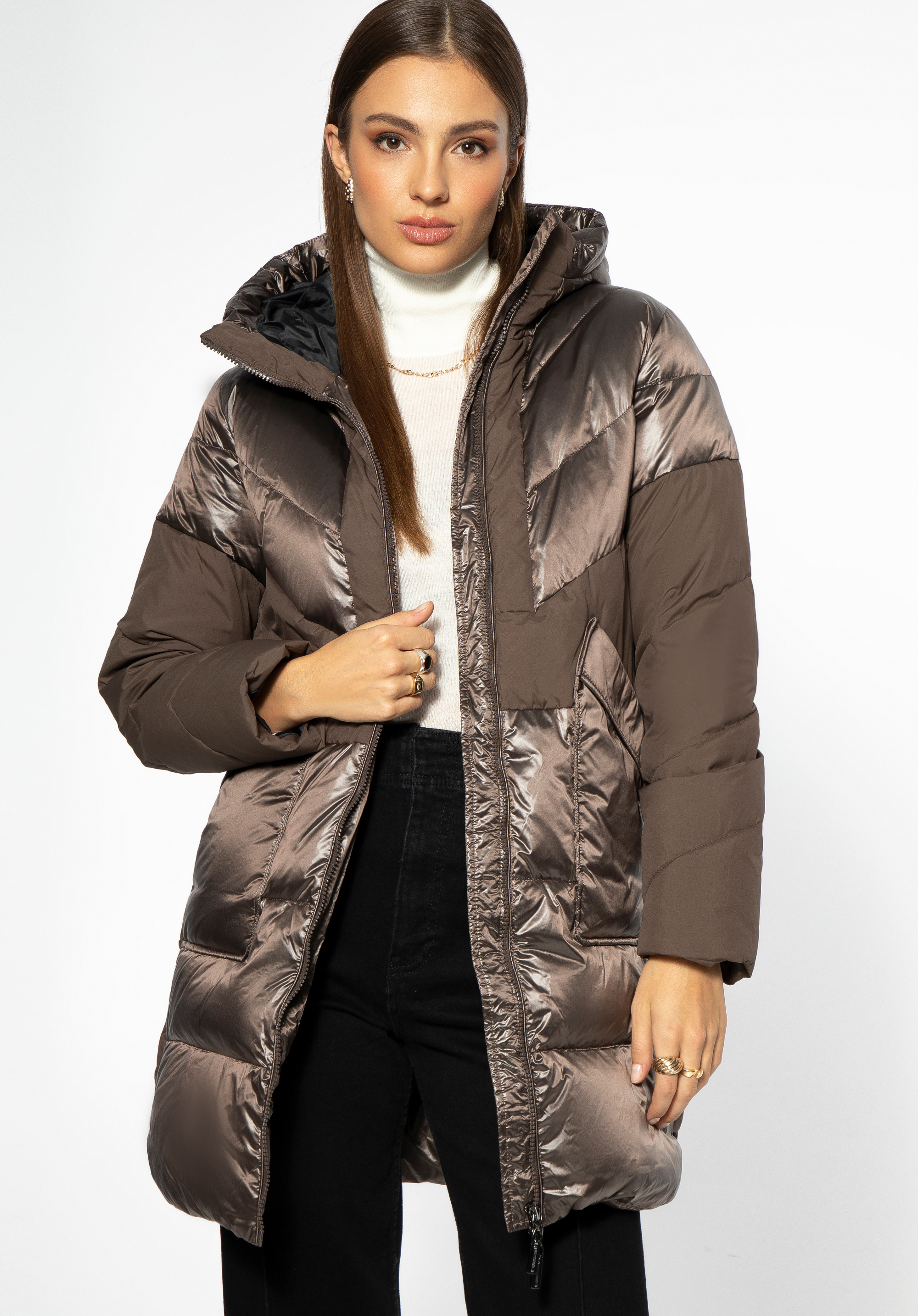 Damen-Daunenmantel mit Kapuze, beige, 97-9D-405-9-L, Bild 1
