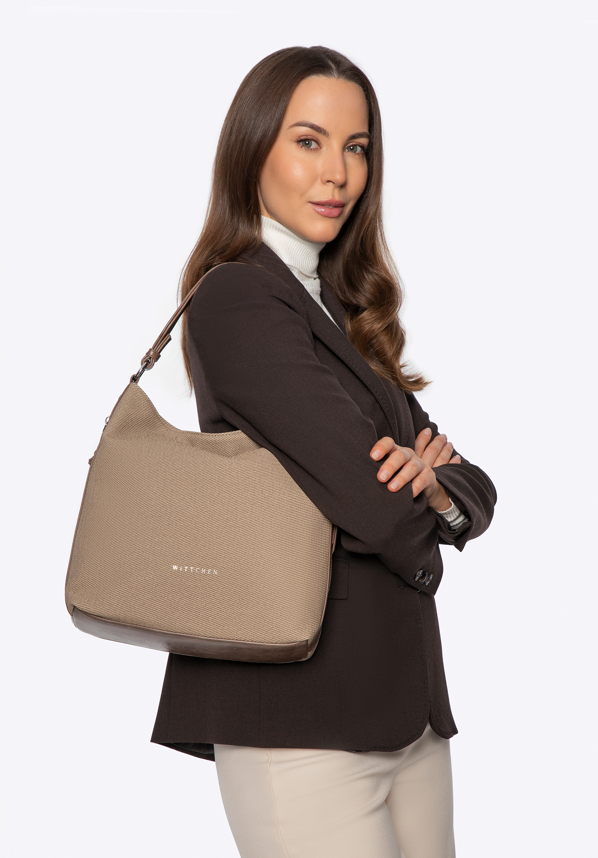 Damen-Umhängetasche mit Griff aus Kunstleder, beige, 101-4Y-715-9, Bild 1