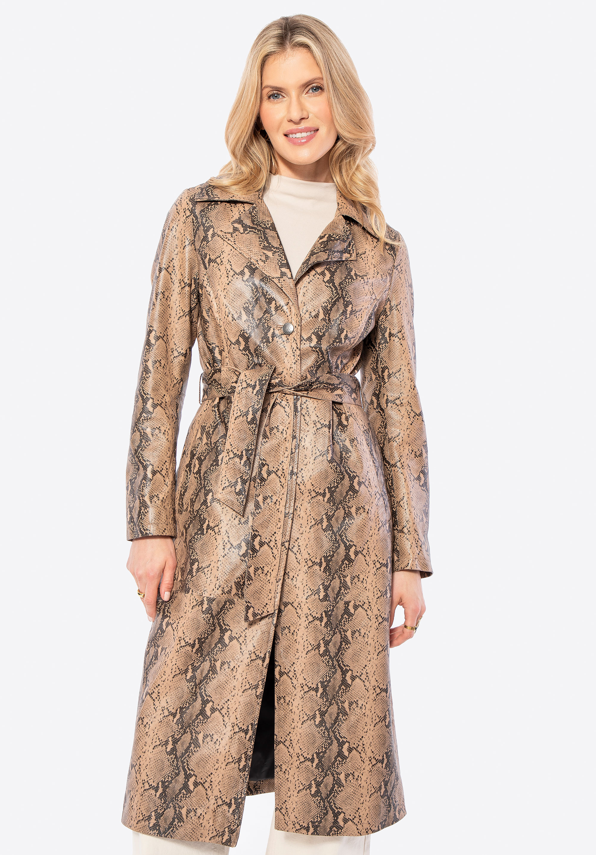 Damen-Ledermantel mit Animalprint, beige, 100-09-404-X-M, Bild 1