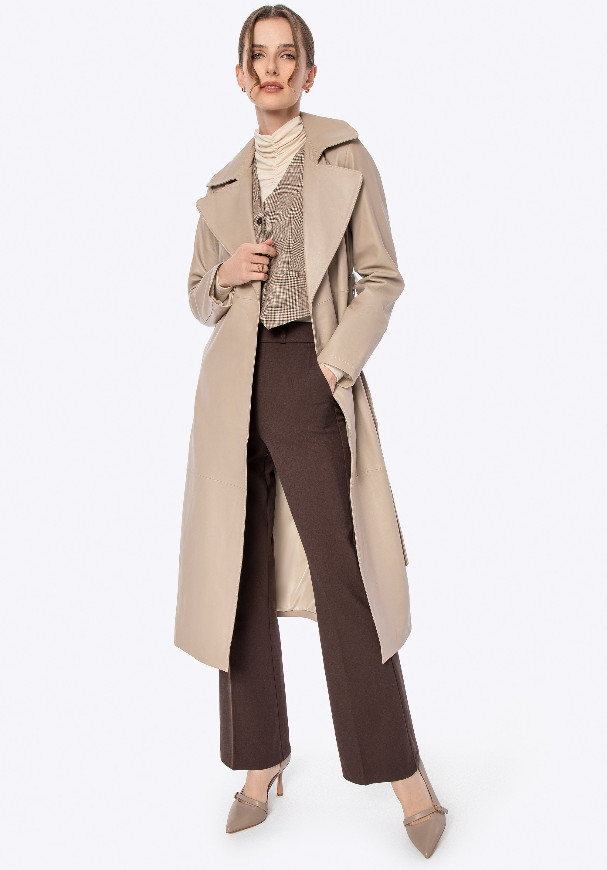 Damen Ledermantel mit Gürtel, beige, 100-09-811-0-XL, Bild 1