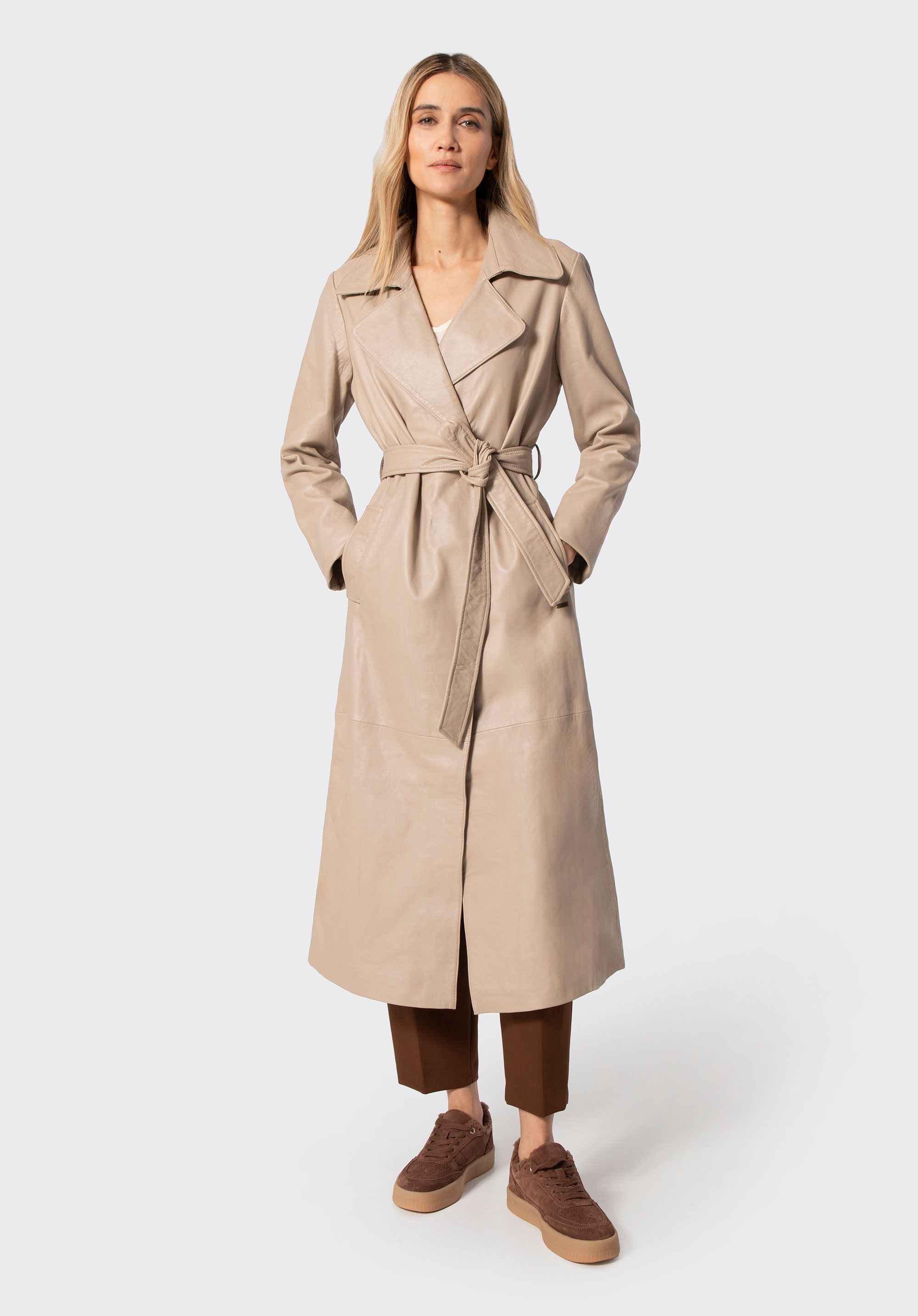 Damen Ledermantel mit Gürtel, beige, 100-09-811-0-M, Bild 1