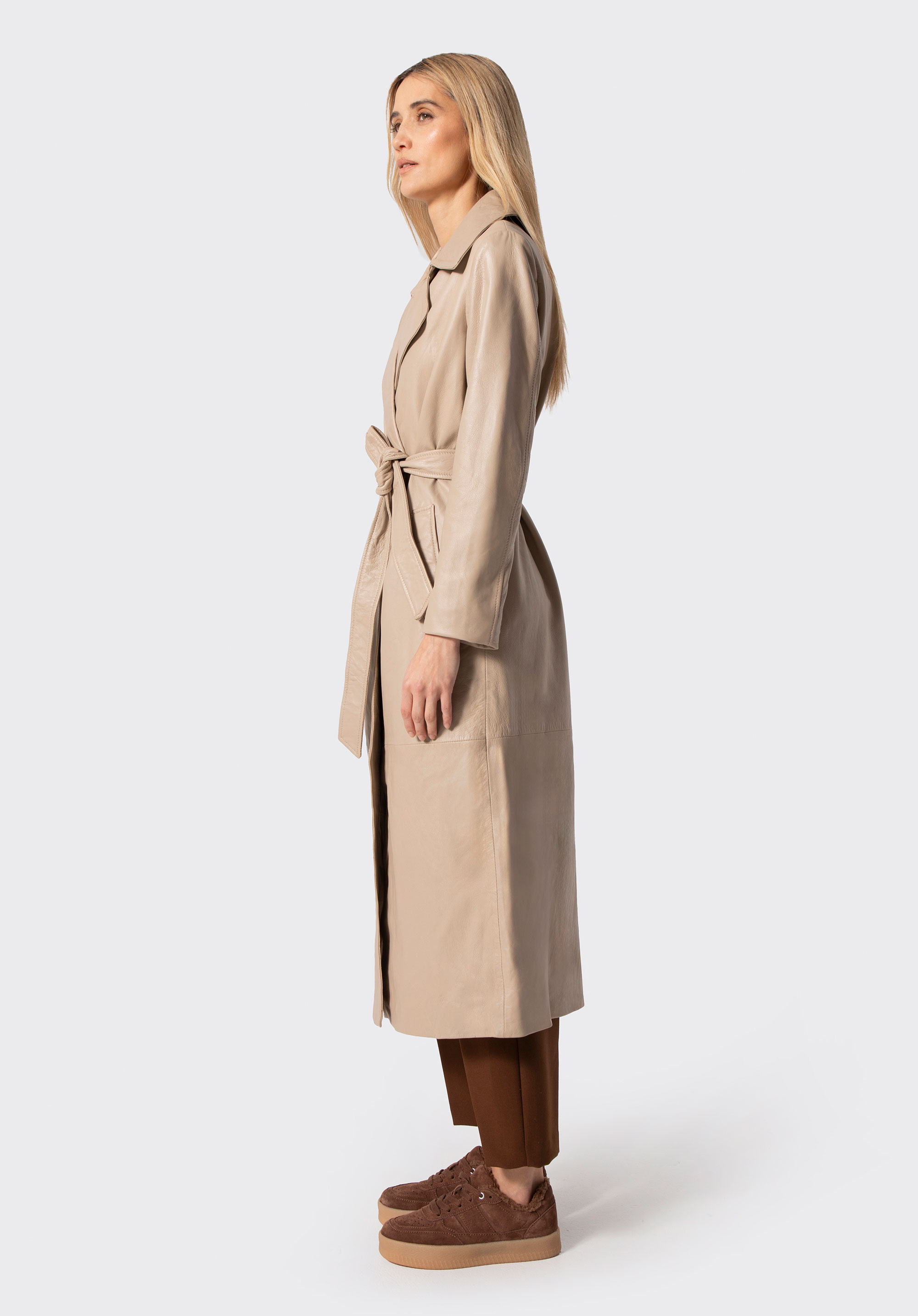 Damen Ledermantel mit Gürtel, beige, 100-09-811-0-M, Bild 1