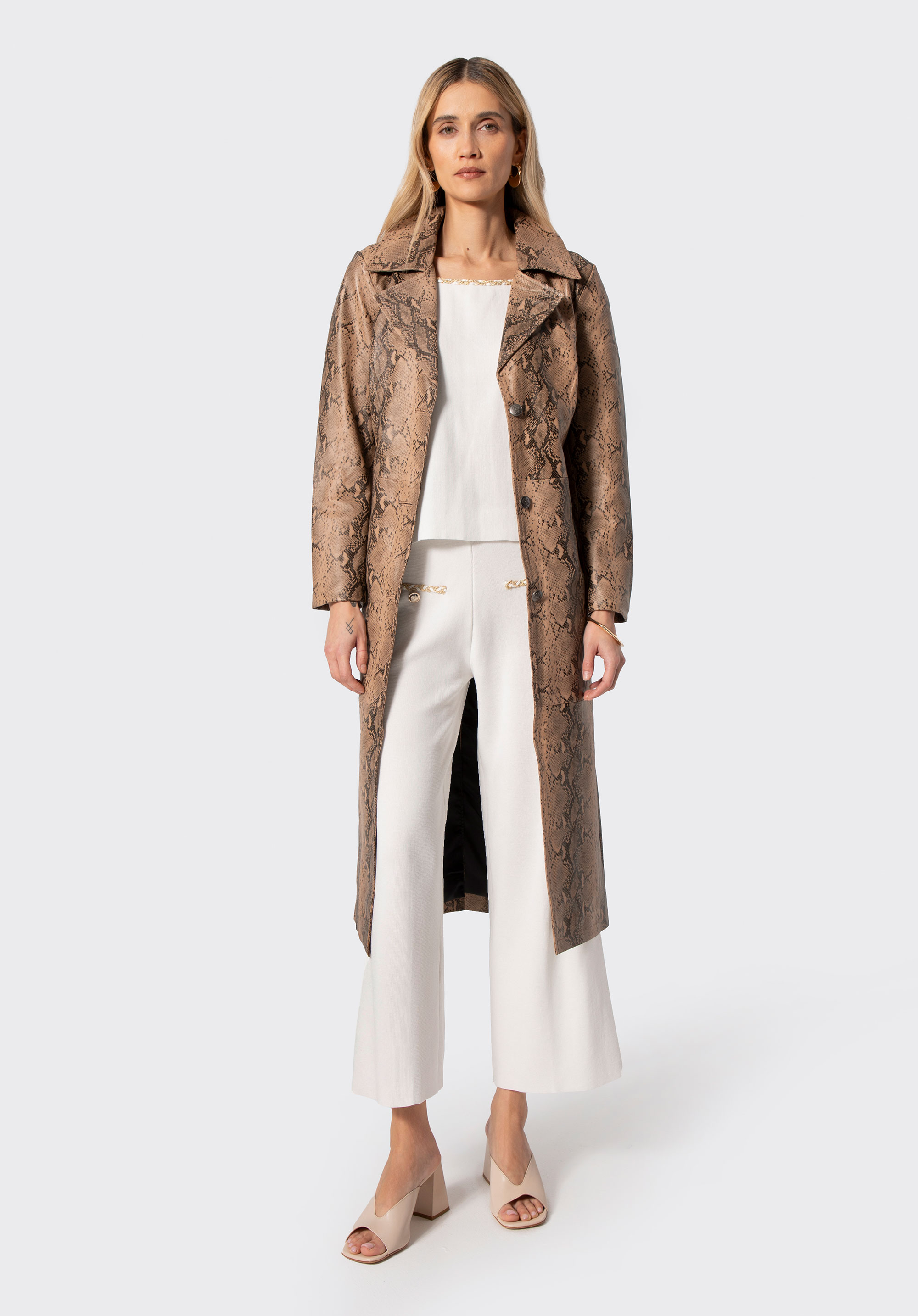 Damen Ledermantel mit Tiermuster, beige, 100-09-404-X-L, Bild 1