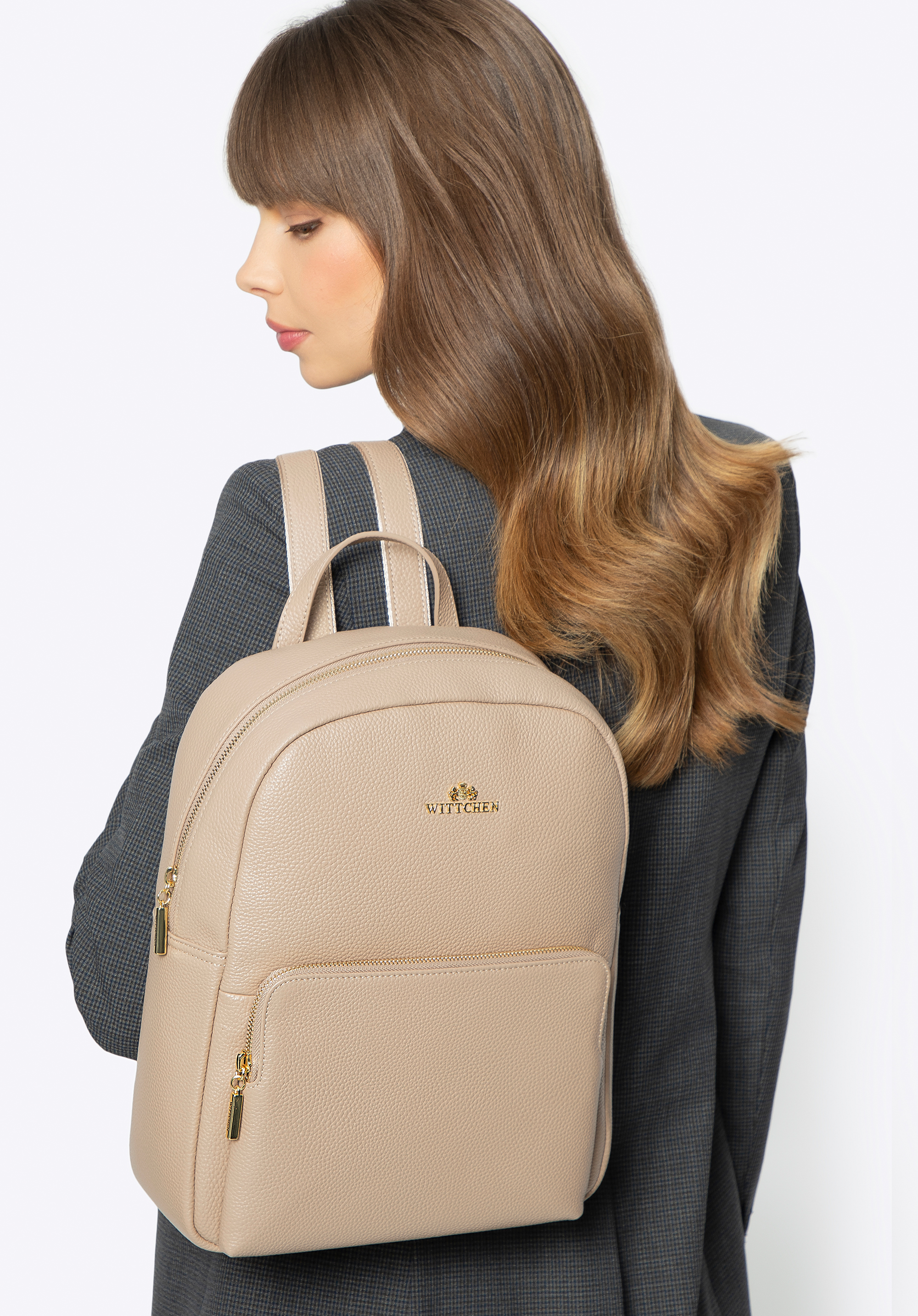 Damen-Lederrucksack mit Fronttasche, beige, 100-4E-608-9, Bild 1