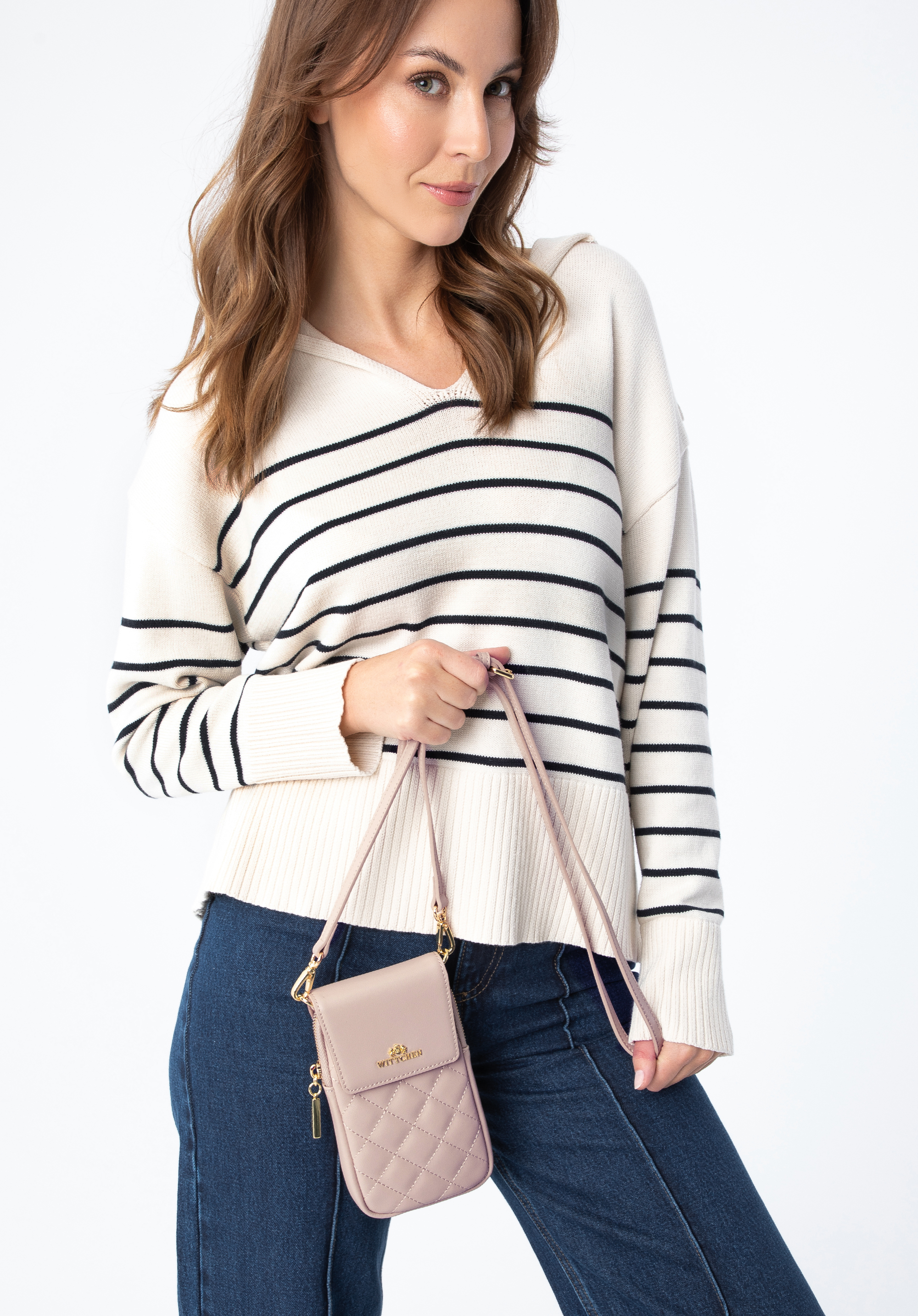 Mini-Tasche für Damen  aus gestepptem Leder, beige, 97-2E-611-9, Bild 1