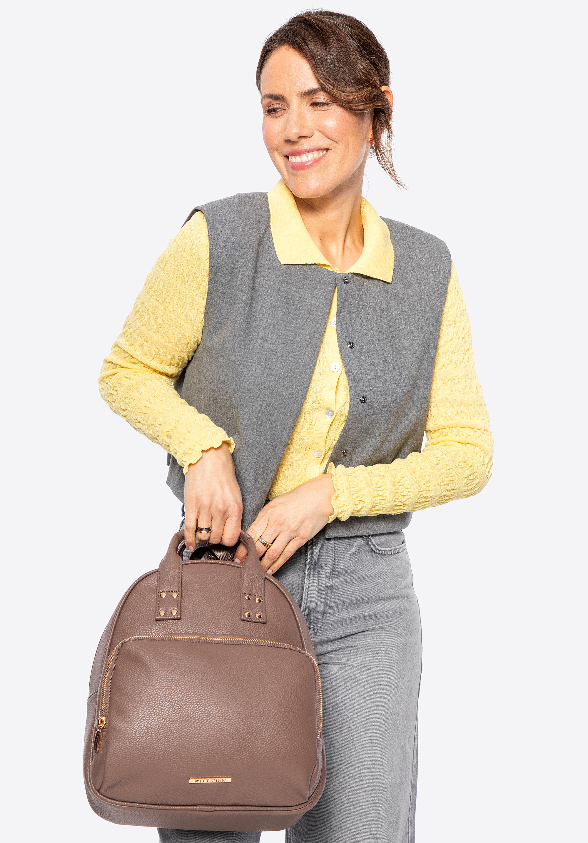Damen-Rucksack aus Kunstleder mit Tragegriffen, beige, 100-4Y-002-9, Bild 1