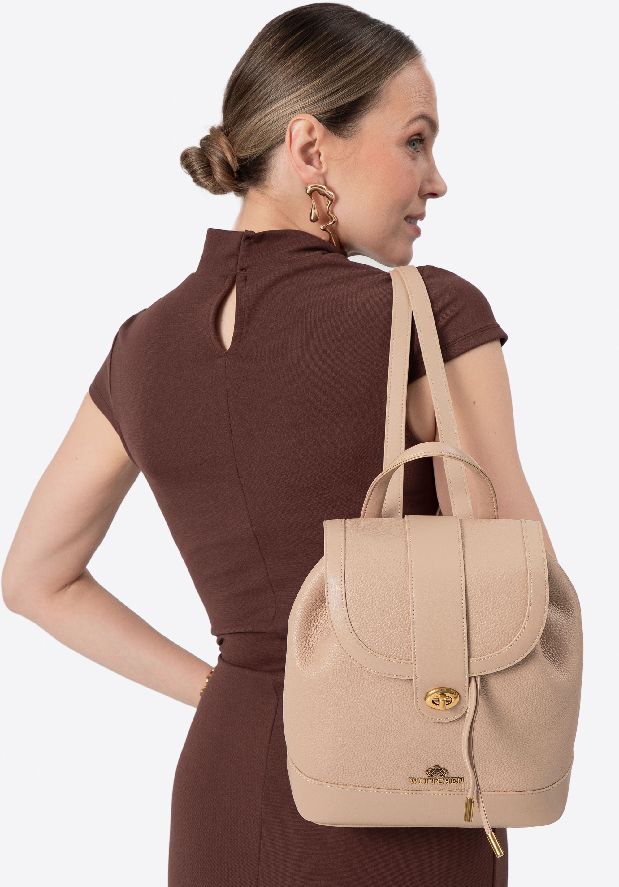 Damen-Rucksack aus Leder mit Kordelzug, beige, 100-4E-224-9, Bild 1